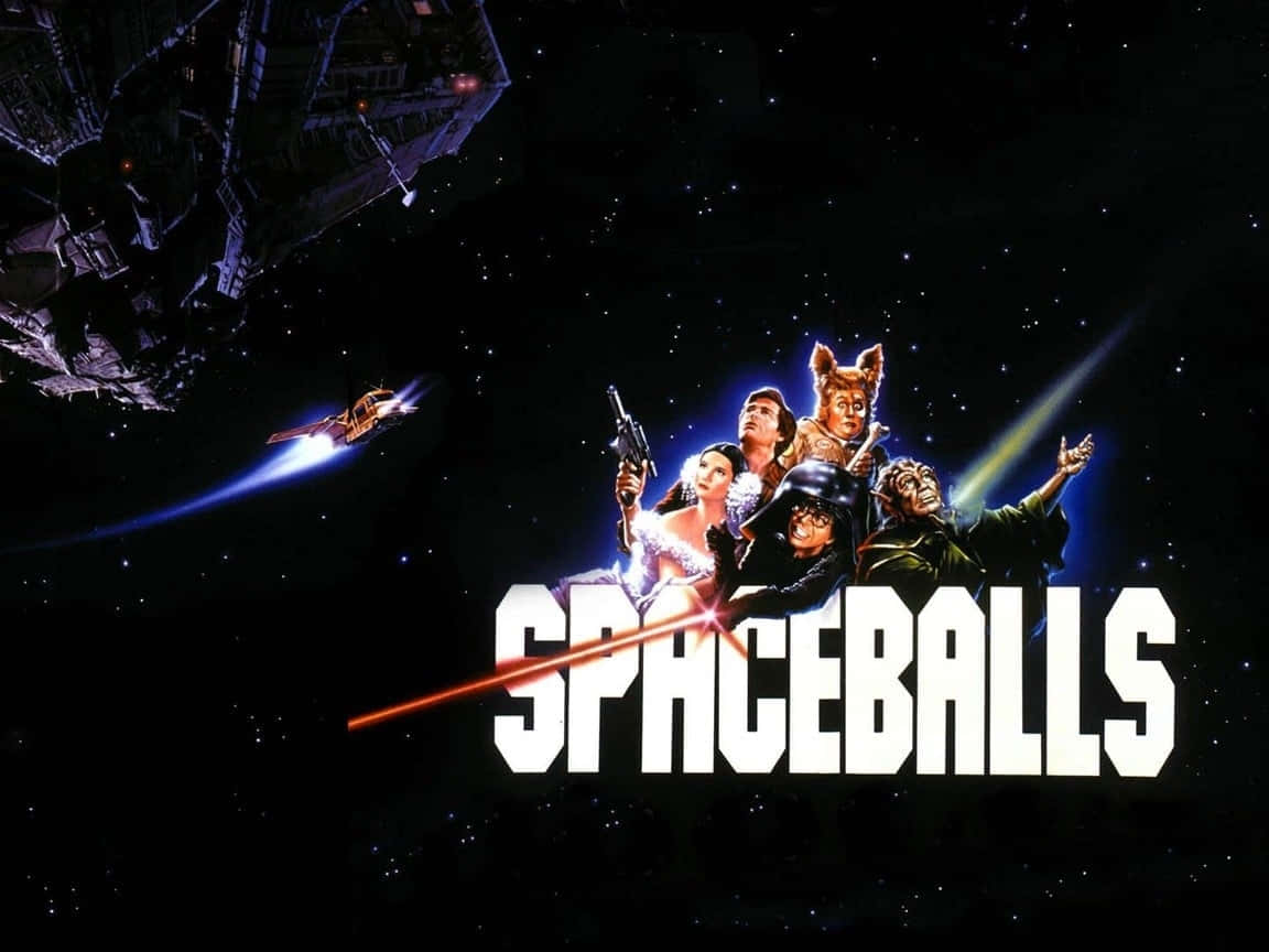 spaceballs 桌布 壁紙 — 一群古怪的太空冒險家以星空為背景，與太空船和雷射光束一起英勇地擺姿勢。