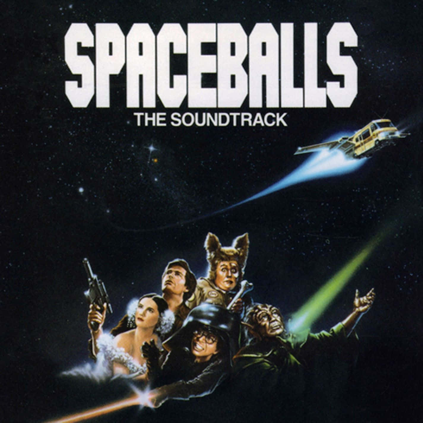 spaceballs 桌布 壁紙 — 一群古怪的太空冒險家在星空背景下，一艘太空船發射藍色雷射。