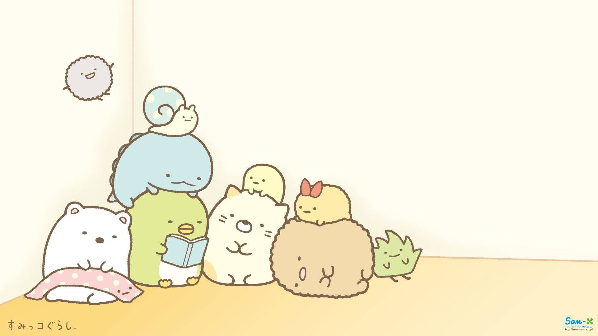 角落生物 桌布 壁紙 — 一群可愛的Sumikko Gurashi角色在舒適的角落裡擠在一起看書。