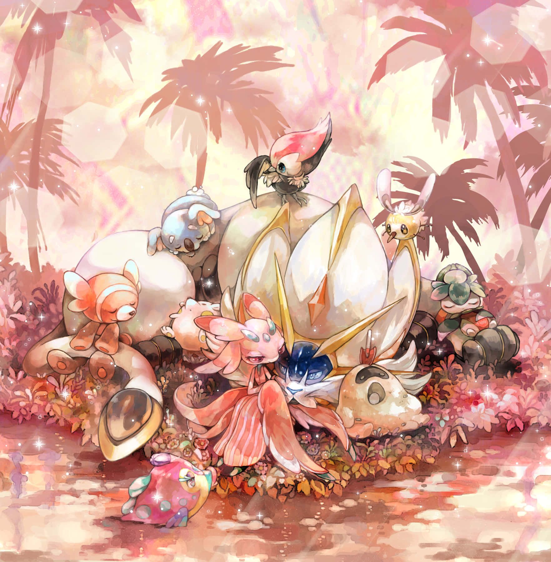 Pokemon Landscape 桌布 壁紙 — 一群可愛的動漫風格寶可夢聚集在發光的熱帶森林中，有棕櫚樹和閃爍的光芒。