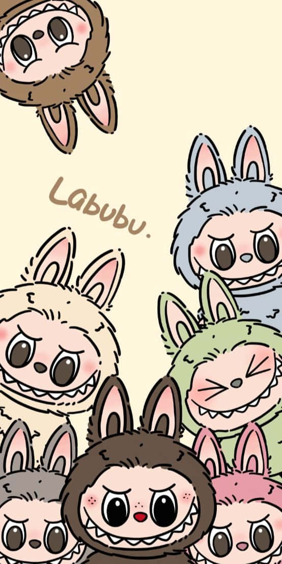 Labubu's Burst of Colorful Mischief 壁紙 — 一群可愛的卡通兔子，有尖牙和毛茸茸的毛，以柔和色調呈現，背景為奶油色。