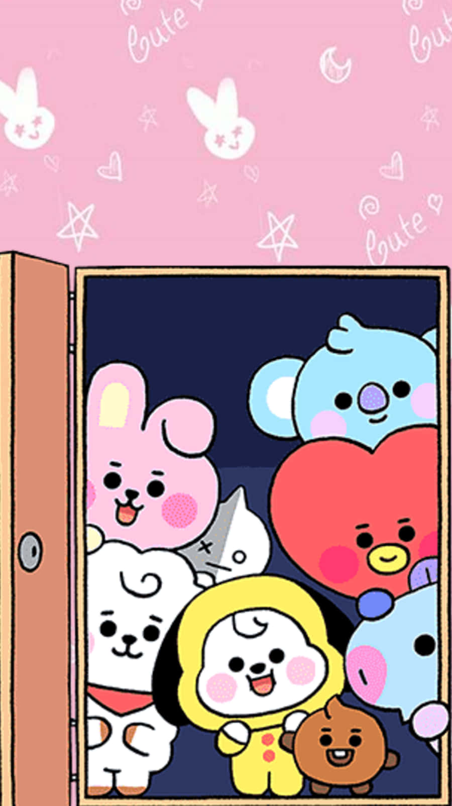 BT21 桌布 壁紙 — 一群可愛的卡通動物從木門後探出頭來，背景是粉紅色，帶有心形和星星。