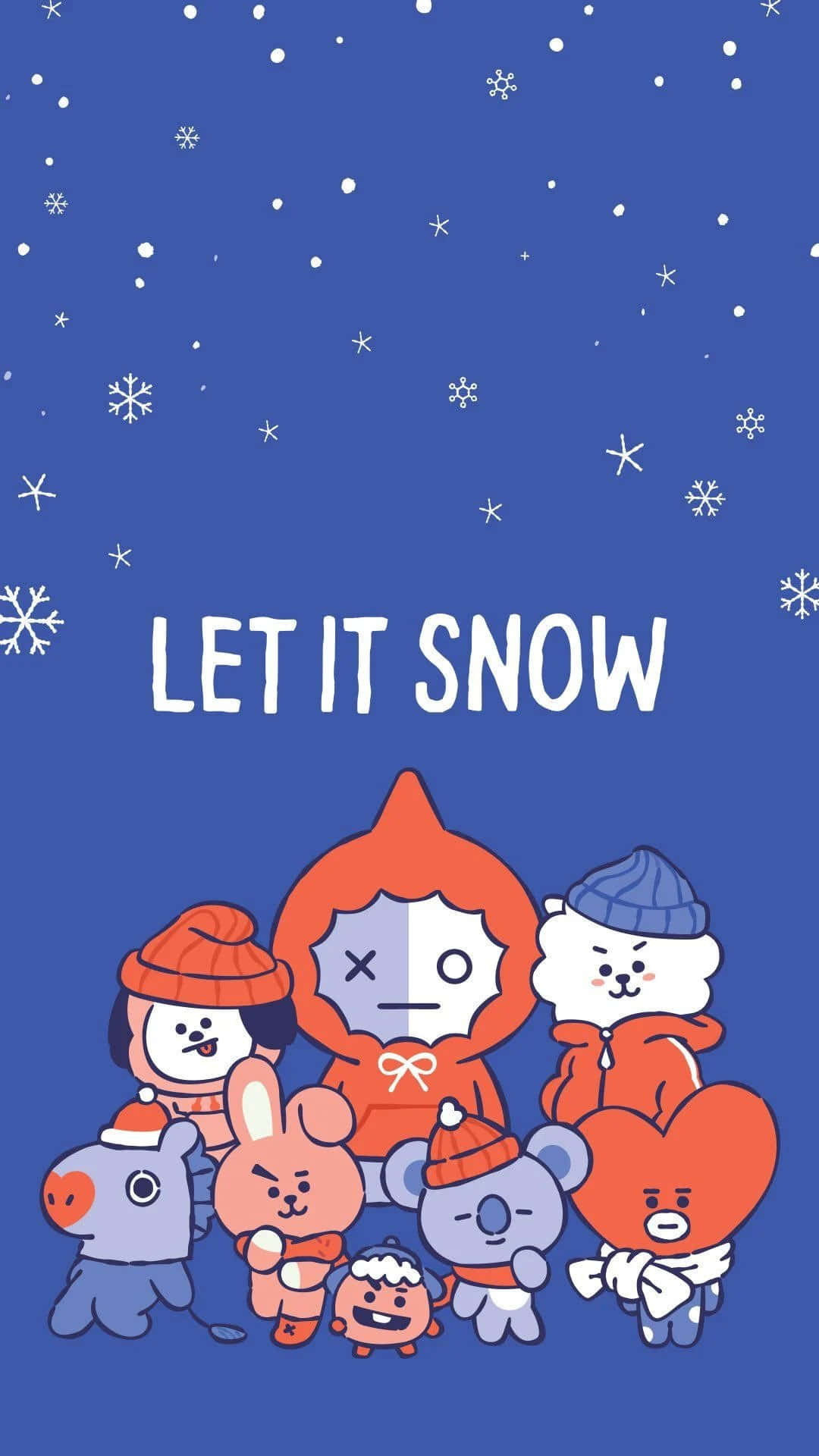 BT21 桌布 壁紙 — 一群可愛的卡通動物戴著冬帽和圍巾，在飄雪的藍天下聚集，雪花飄落，並有文字 LET IT SNOW。