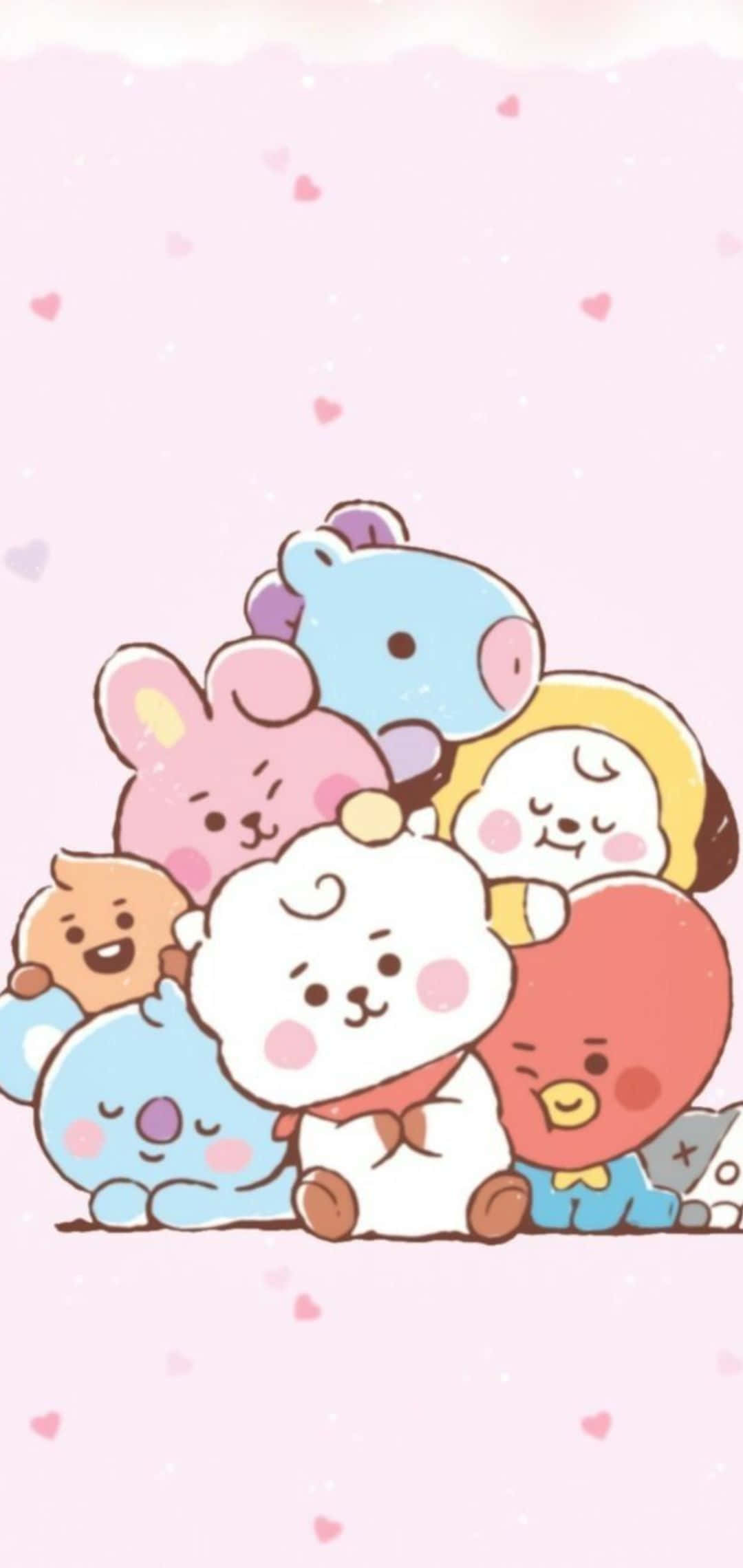 Awesome Cute 桌布 壁紙 — 一群可愛的卡通動物擠在一起，背景是柔和的粉紅色，並有漂浮的心形圖案。