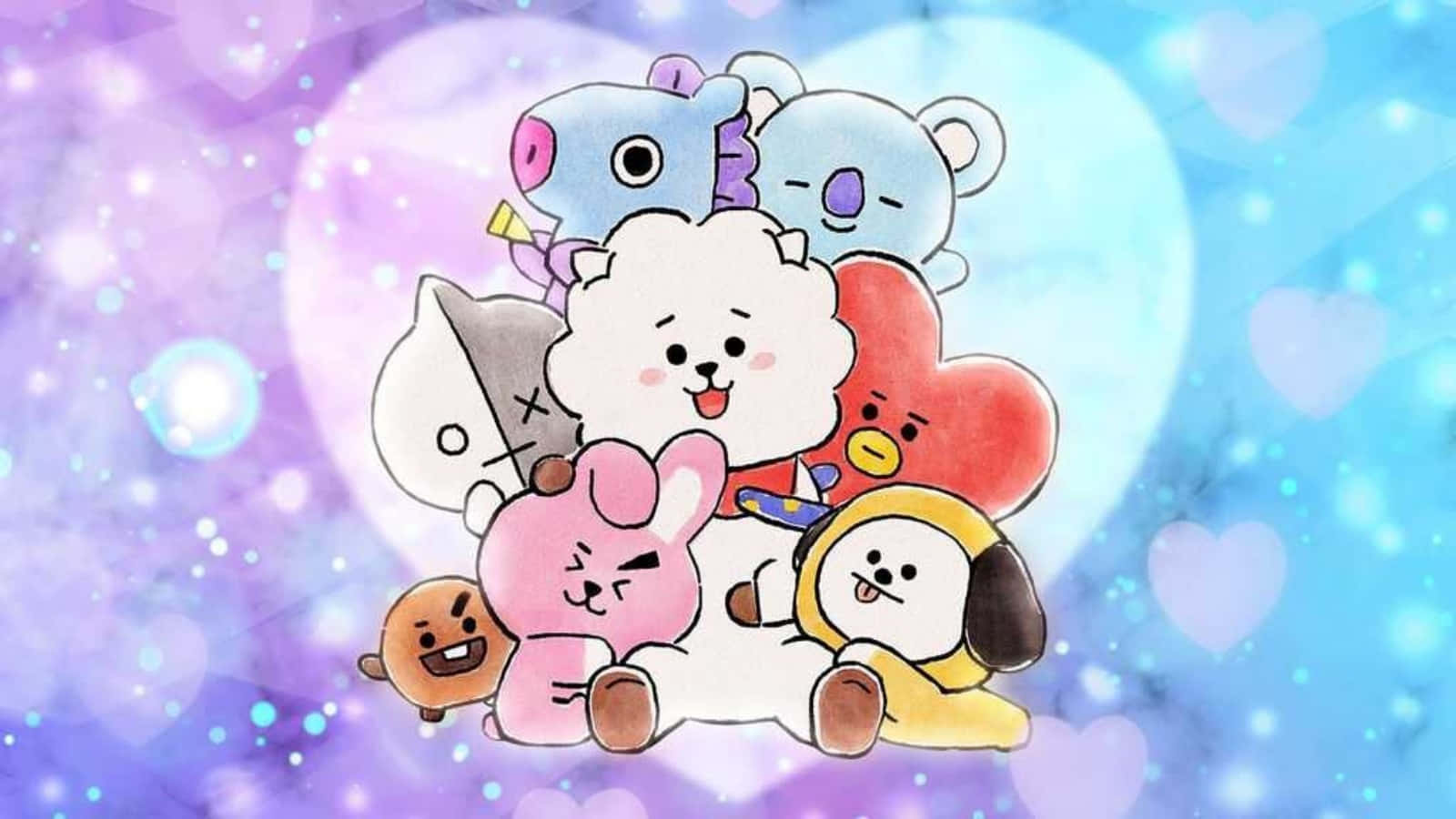 可愛的卡通動物聚集在閃閃發光的心形背景中。 — BT21 GIF 壁紙
