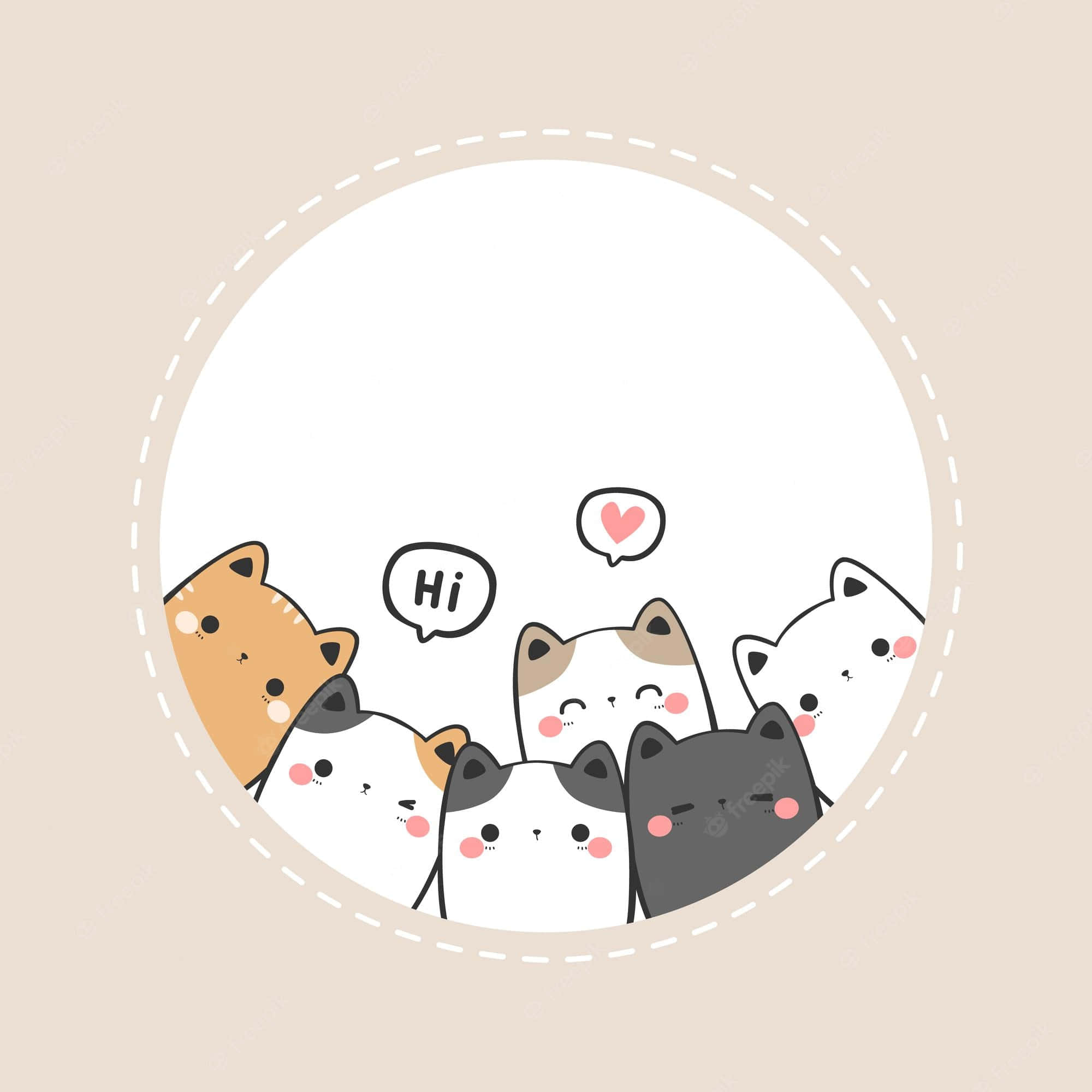 Cute Cats 桌布 壁紙 — 一群可愛的卡通貓咪，帶著對話氣泡，從白色圓形框架中探出頭來，背景是米色。
