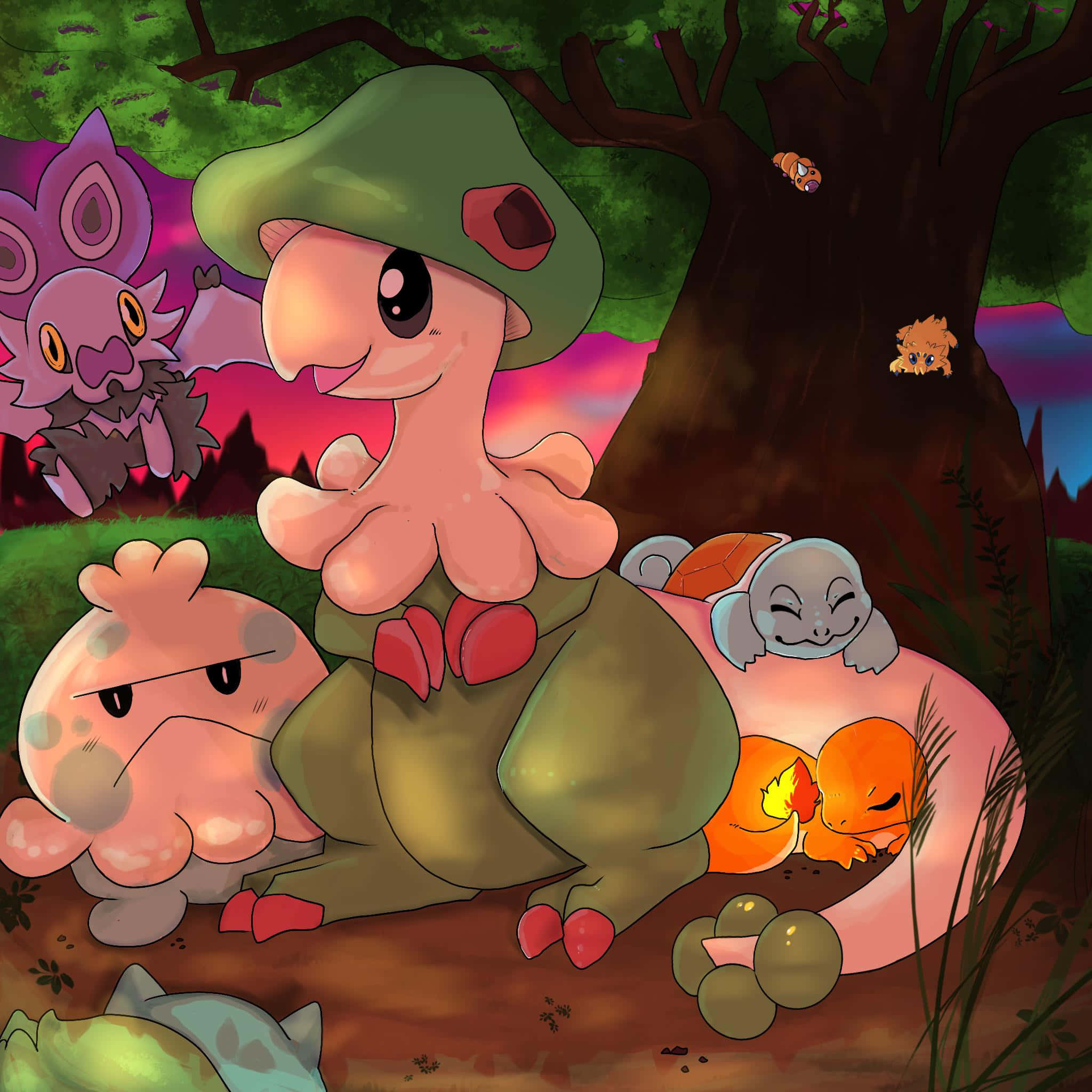 Squirtle 桌布 壁紙 — 一群可愛的寶可夢在黃昏時分聚集在樹下，伴隨著溫暖的發光燈光和柔和的紫色天空。