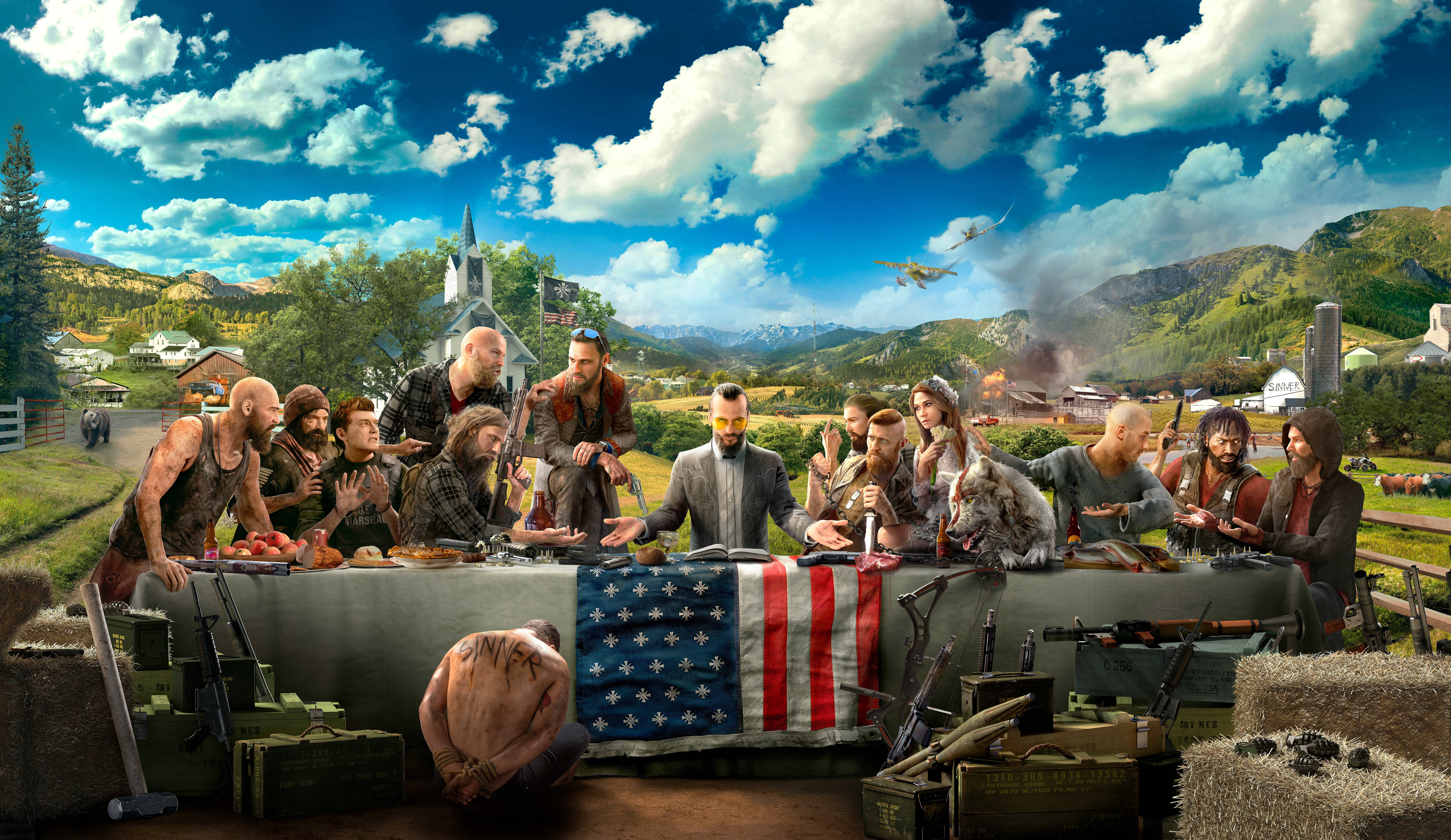 Far Cry 5 桌布 壁紙 — 一群堅韌的倖存者在美國國旗裝飾的坦克周圍，在明亮的藍天下，於末日後的鄉村中盛宴。