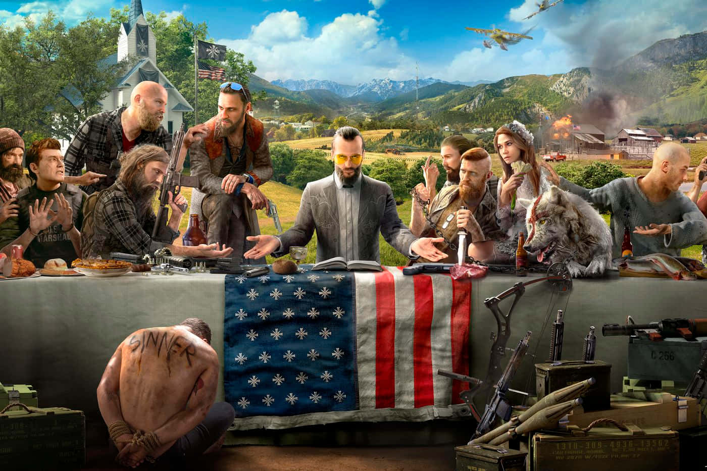 Best Far Cry 5 桌布 壁紙 — 一群堅韌的後末日倖存者聚集在一張鋪有美國國旗的桌子周圍，周圍環繞著武器和背景中的教堂。