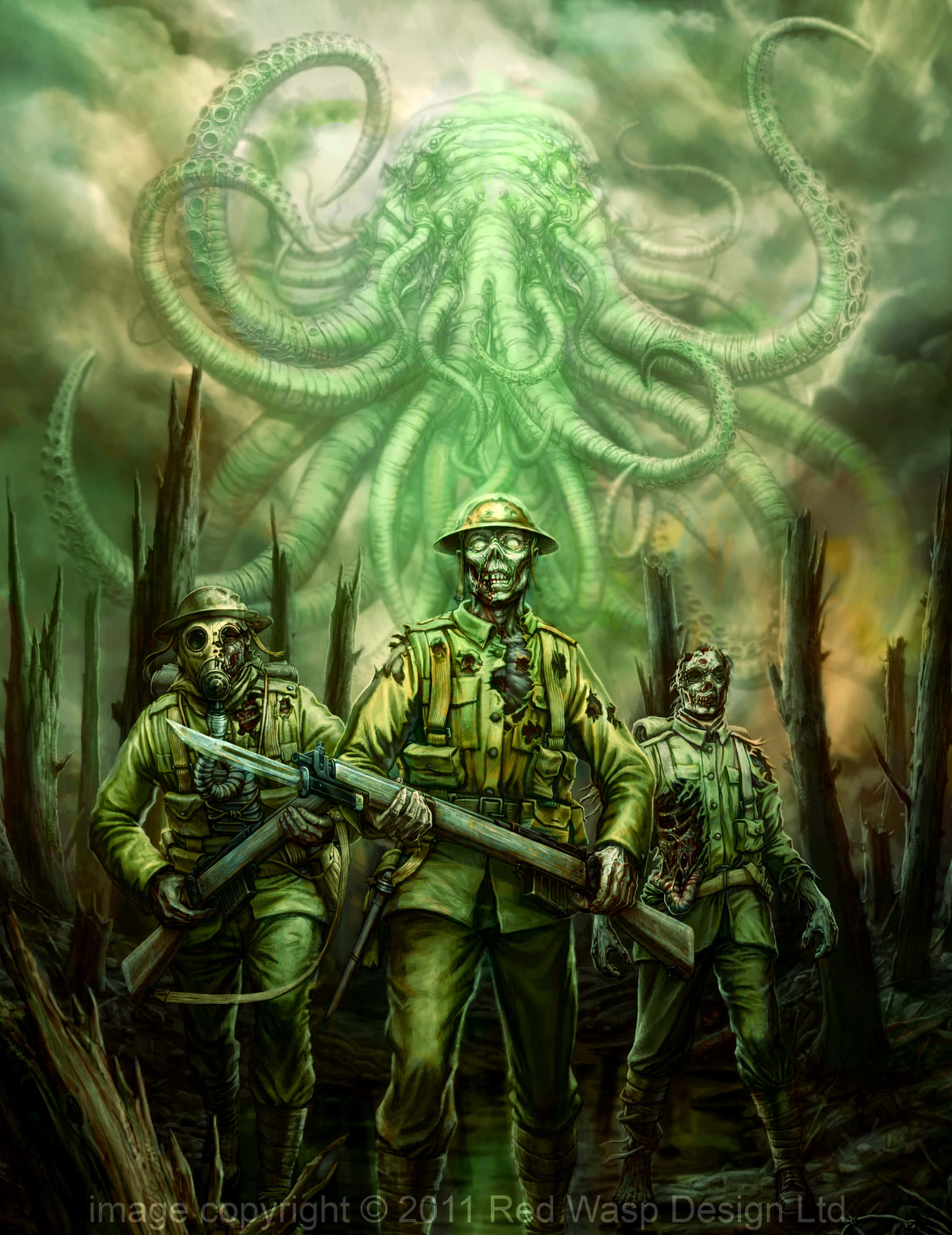 一群士兵站在綠色章魚前方 壁紙