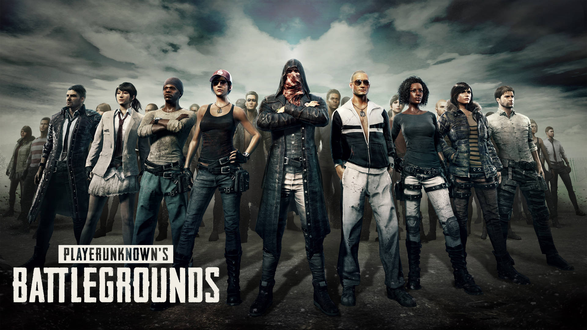絕地求生 桌布 壁紙 — 一群多元化的 battle royale 角色在風暴天空下自信地站立，呈現出 gritty 的電影感宣傳圖片。