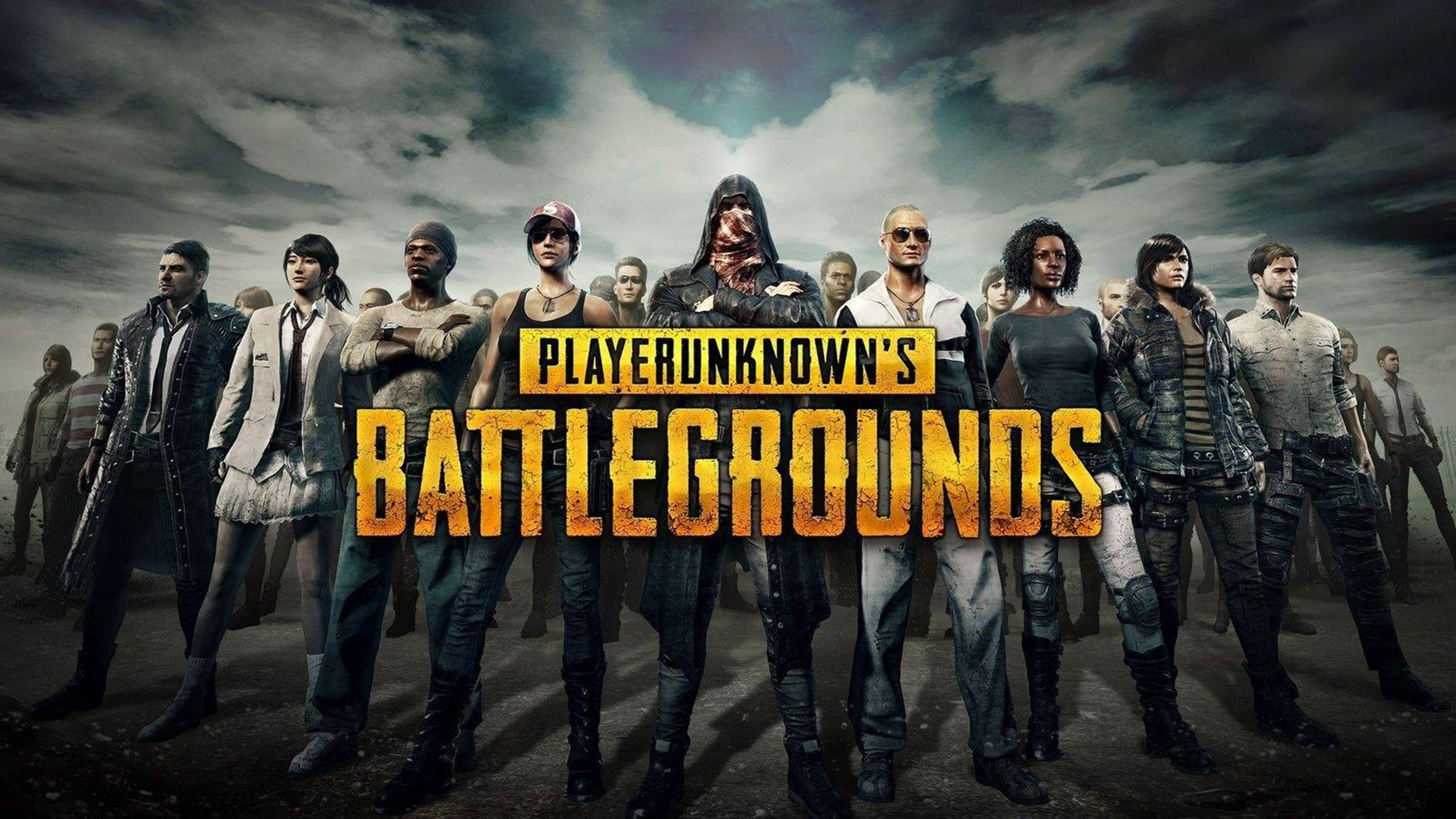 電玩遊戲 桌布 壁紙 — 一群多元化的 battle royale 玩家站在風暴肆虐的場地上，遊戲大膽的標題標誌高懸其上。