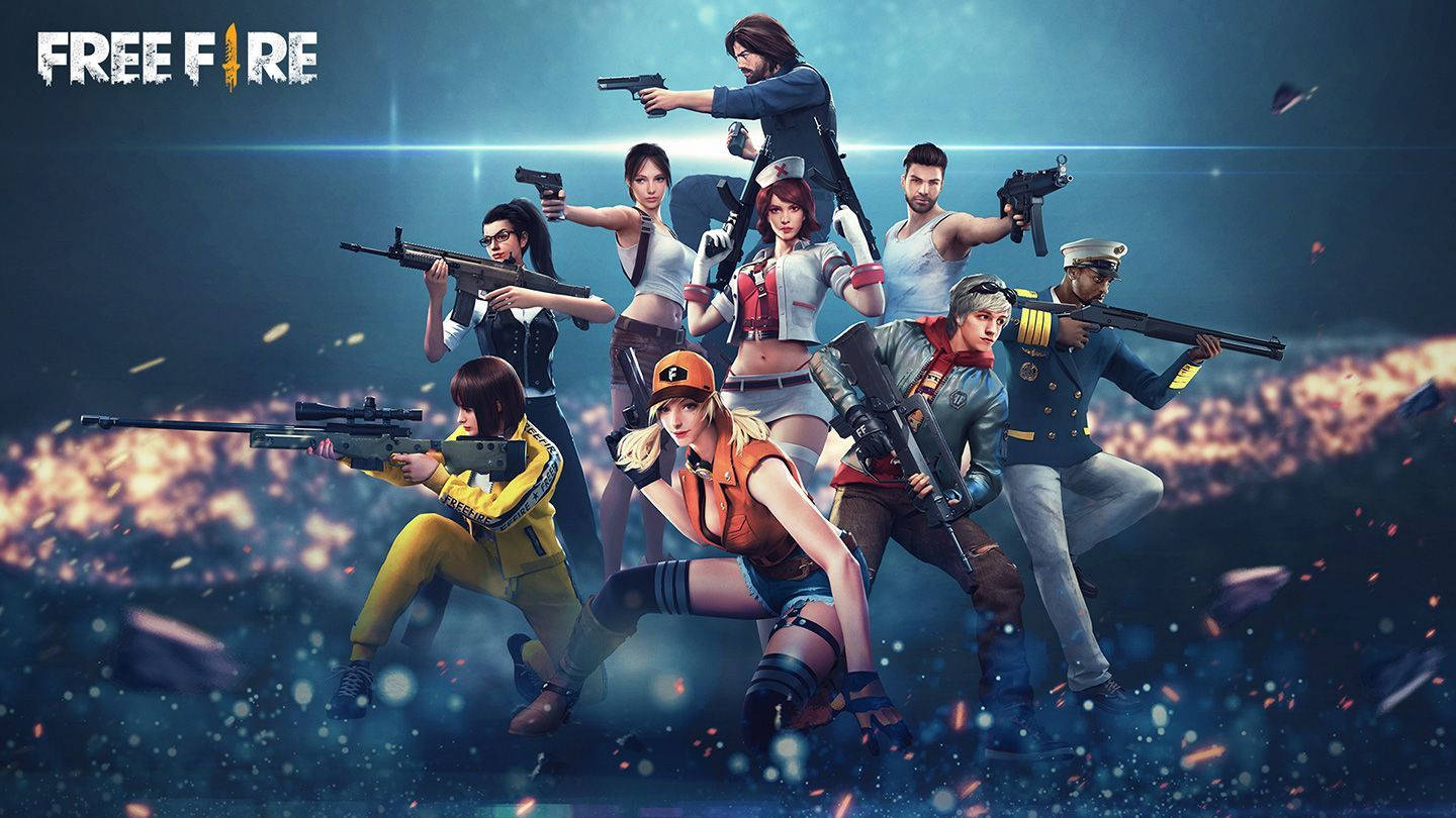 Free Fire 4K 桌布 壁紙 — 一群多元化的Free Fire角色在熾熱的宇宙背景下擺出戰鬥姿勢，手持槍械。