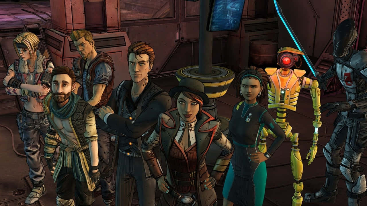 720p Borderlands 3 桌布 壁紙 — 一群多元化的冒險者和一個機器人站在一個燈光昏暗、帶有霓虹點綴的科幻酒吧中。
