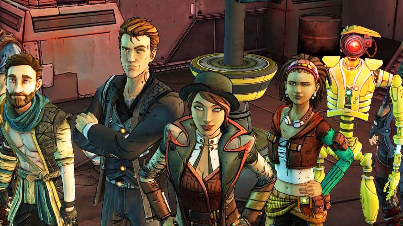 Borderlands Characters 桌布 壁紙 — 一群多元化的冒險者和一個機器人自信地站在一個粗糙的工業環境中，帶有溫暖的燈光。