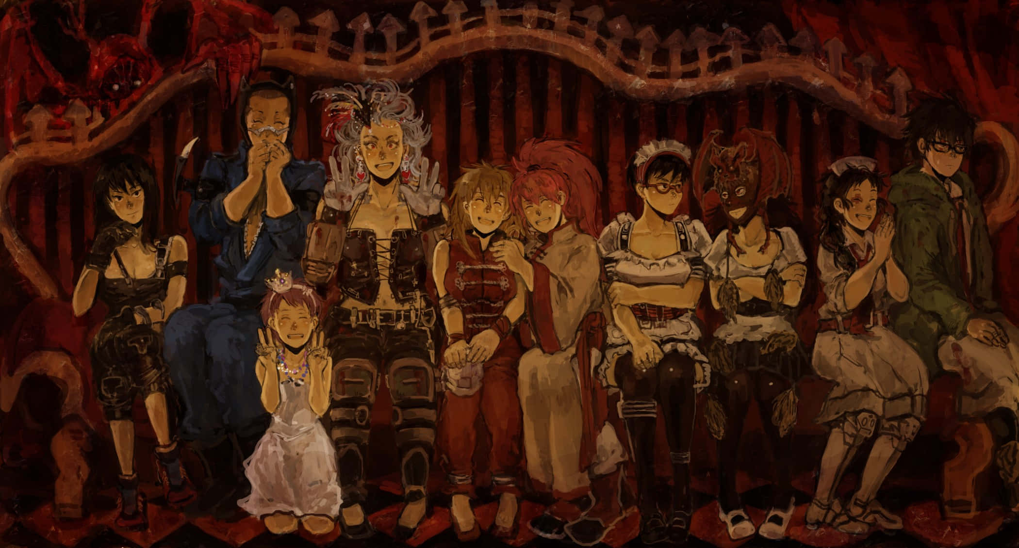 dorohedoro 桌布 壁紙 — 一群多元化的動漫角色一起坐在龍形圖案的紅色窗簾下的寶座式長椅上。