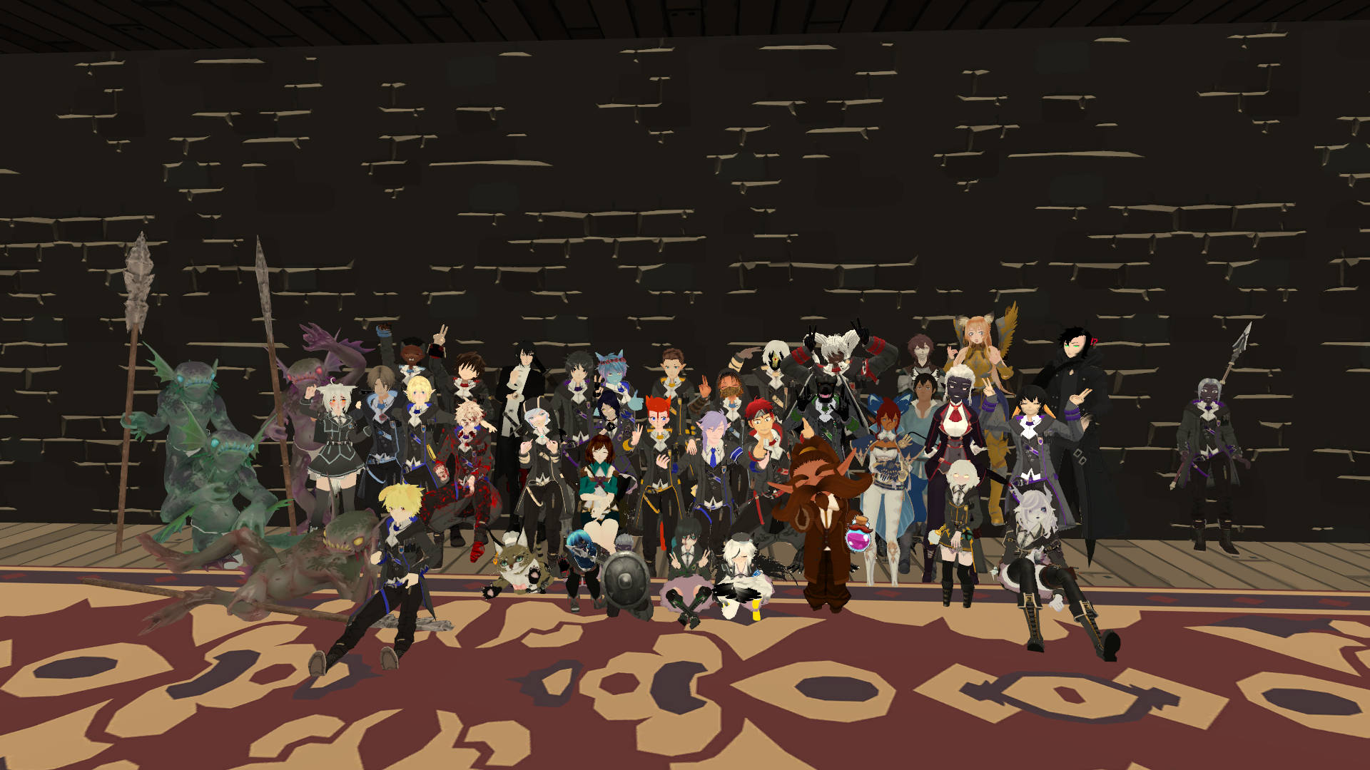 vrchat 桌布 壁紙 — 一群多元化的動漫角色穿著精緻服裝，在圖案地毯上一起擺姿勢，背景是深色紋理牆壁。