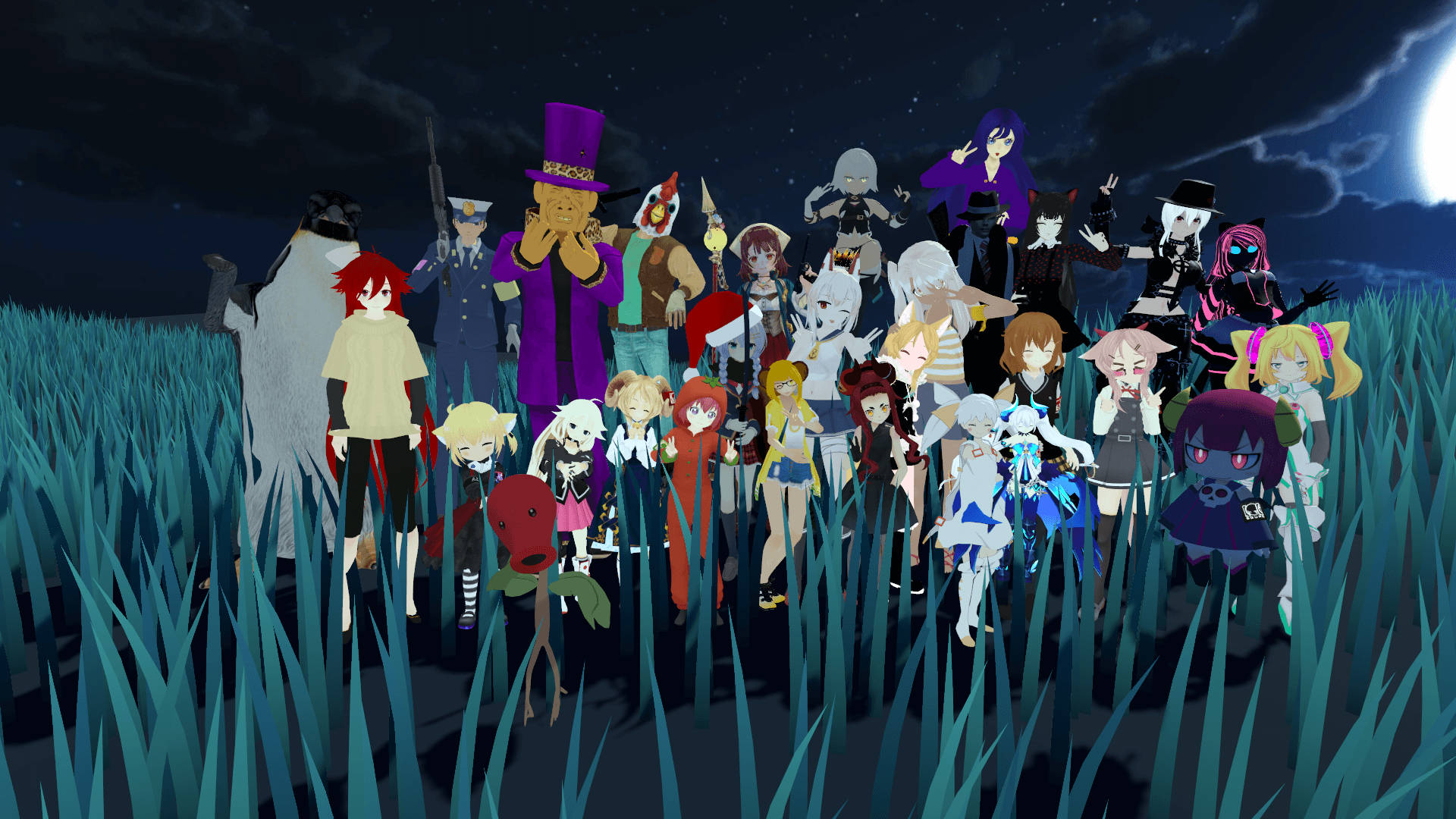 vrchat 桌布 壁紙 — 一群多元化的動漫角色站在高高的草叢中，在繁星點點的夜空下，有一輪明亮的月亮。