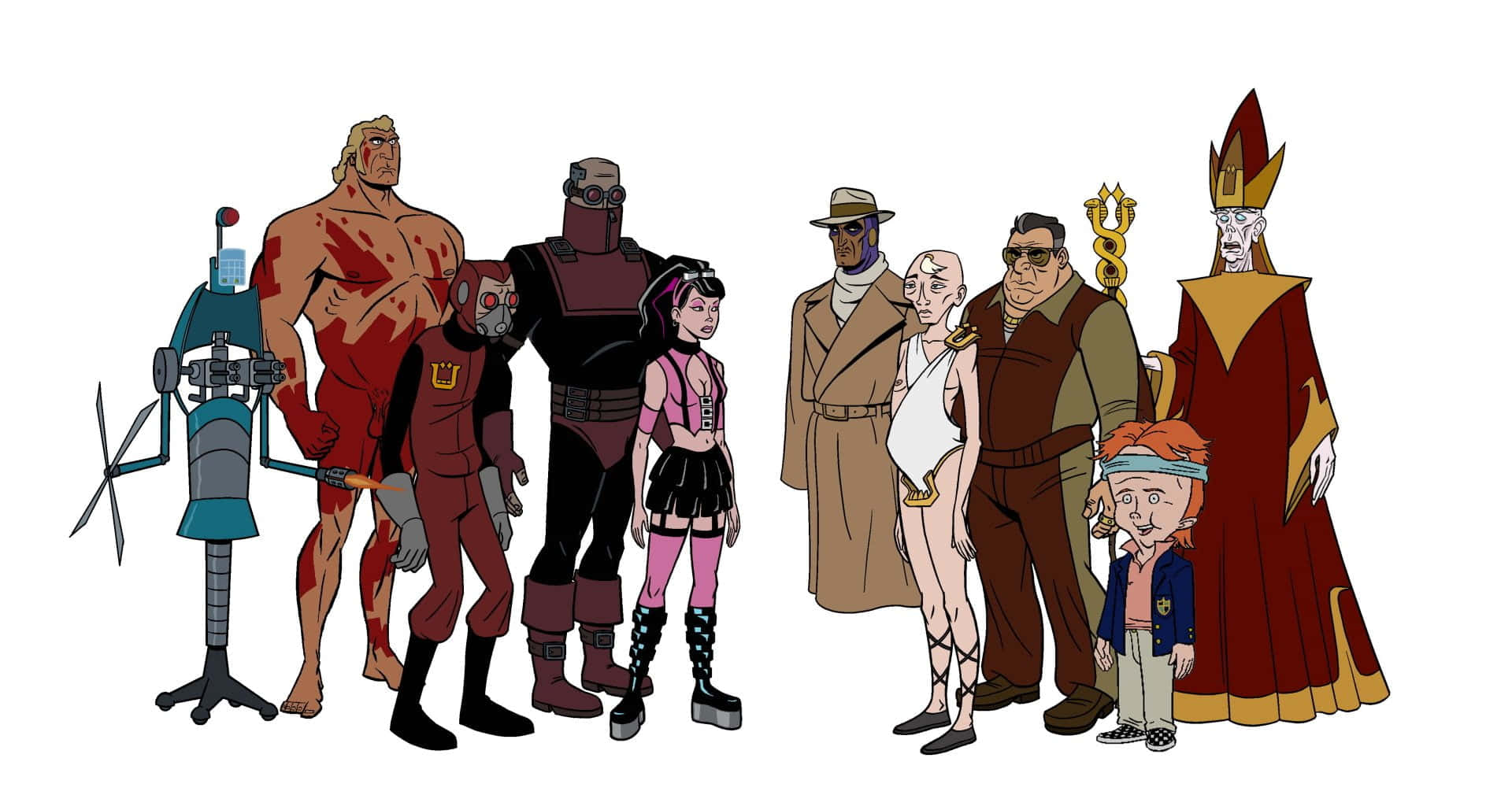 The Venture Bros 桌布 壁紙 — 一群多元化的動畫角色，包括一個血淋淋的戰士機器人、一個粉紅色女孩和一個穿長袍的人物，站在純白色背景前。