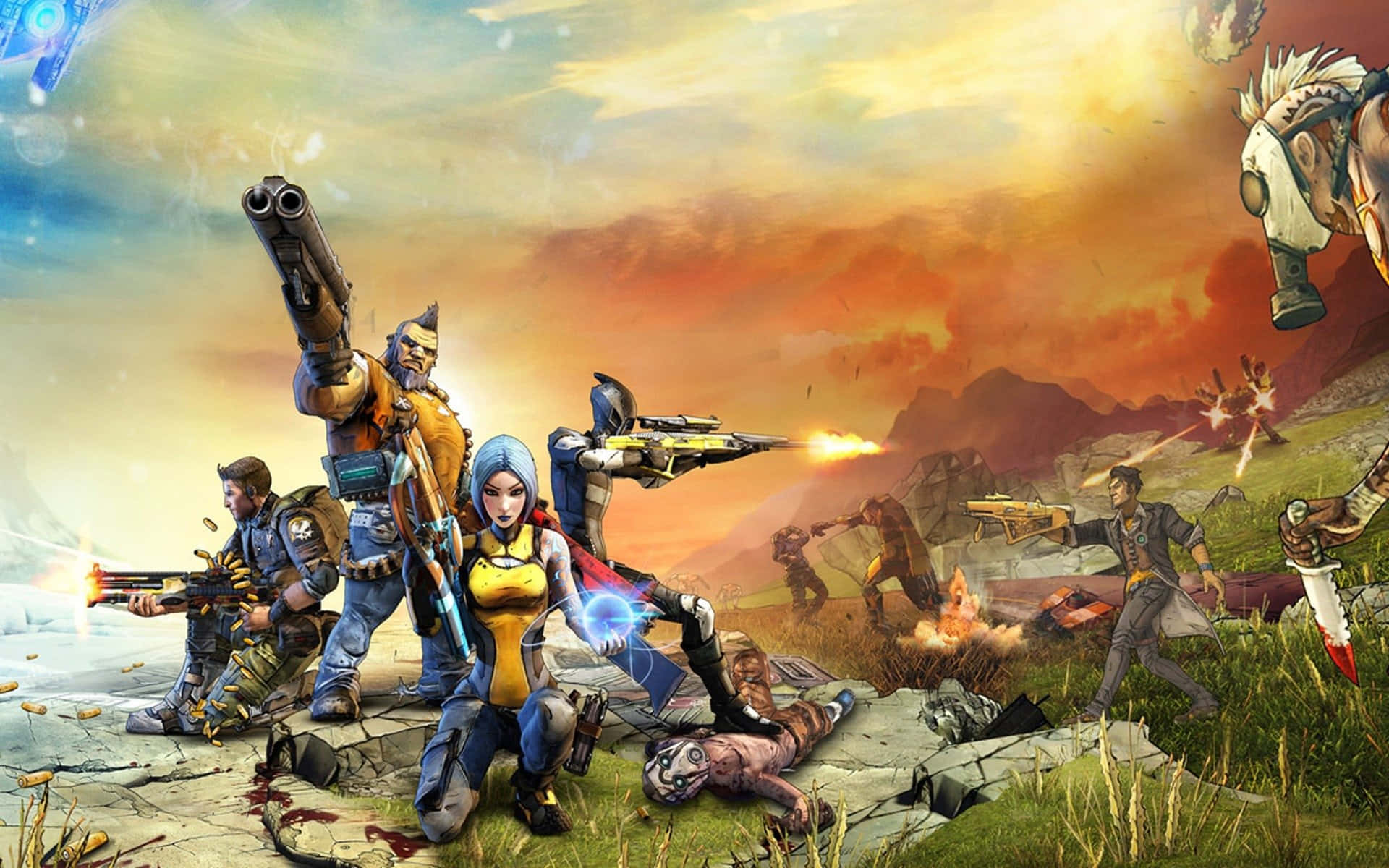 Borderlands 桌布 壁紙 — 一群多元化的奇幻戰士身著戰鬥裝備，在熾熱的日落天空下，在岩石戰場上發射武器。