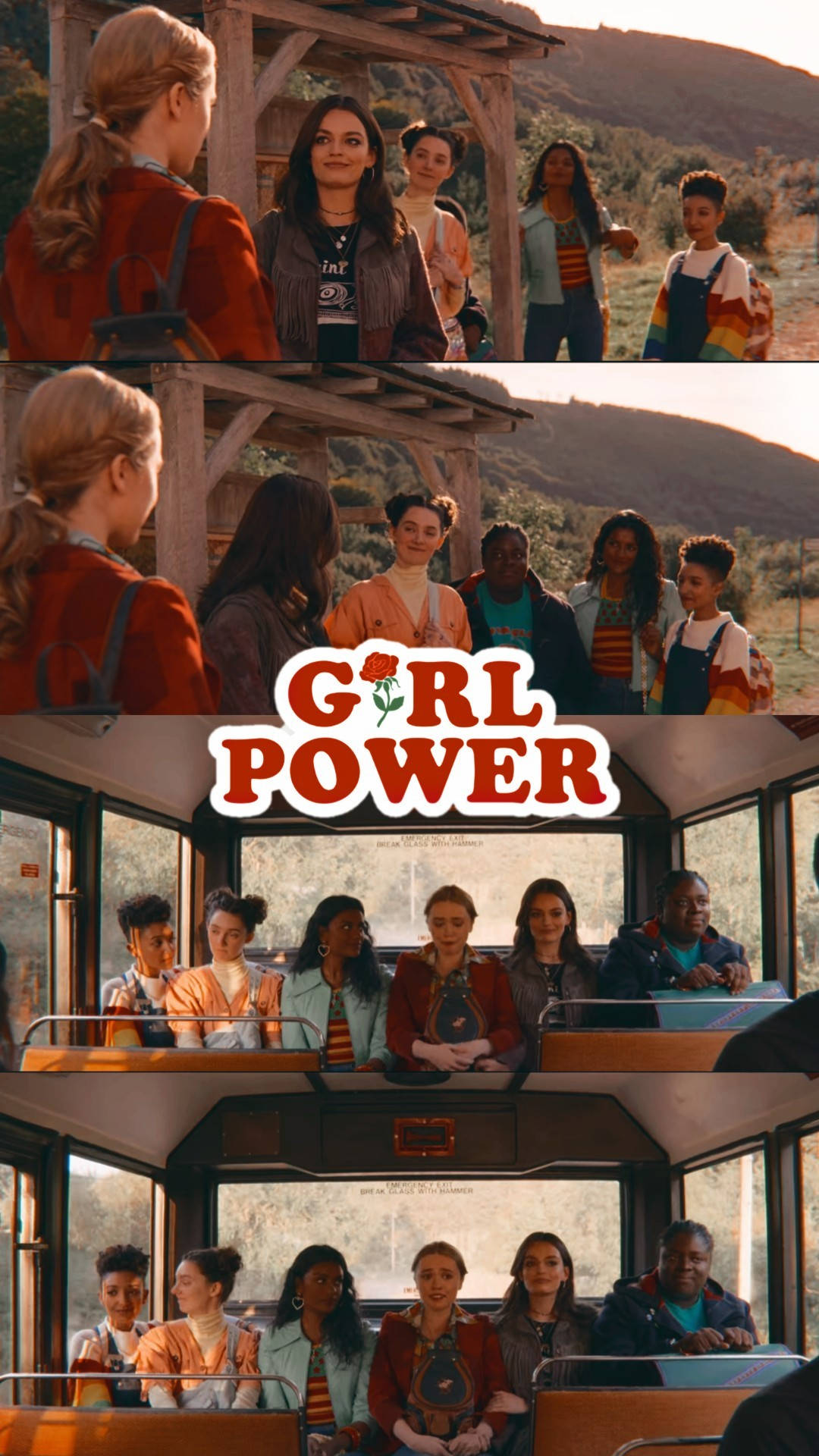 Sex Education 桌布 壁紙 — 一群多元化的年輕女性一起站在戶外，在溫暖的金色陽光下乘坐巴士，並帶有「GIRL POWER」文字疊加。