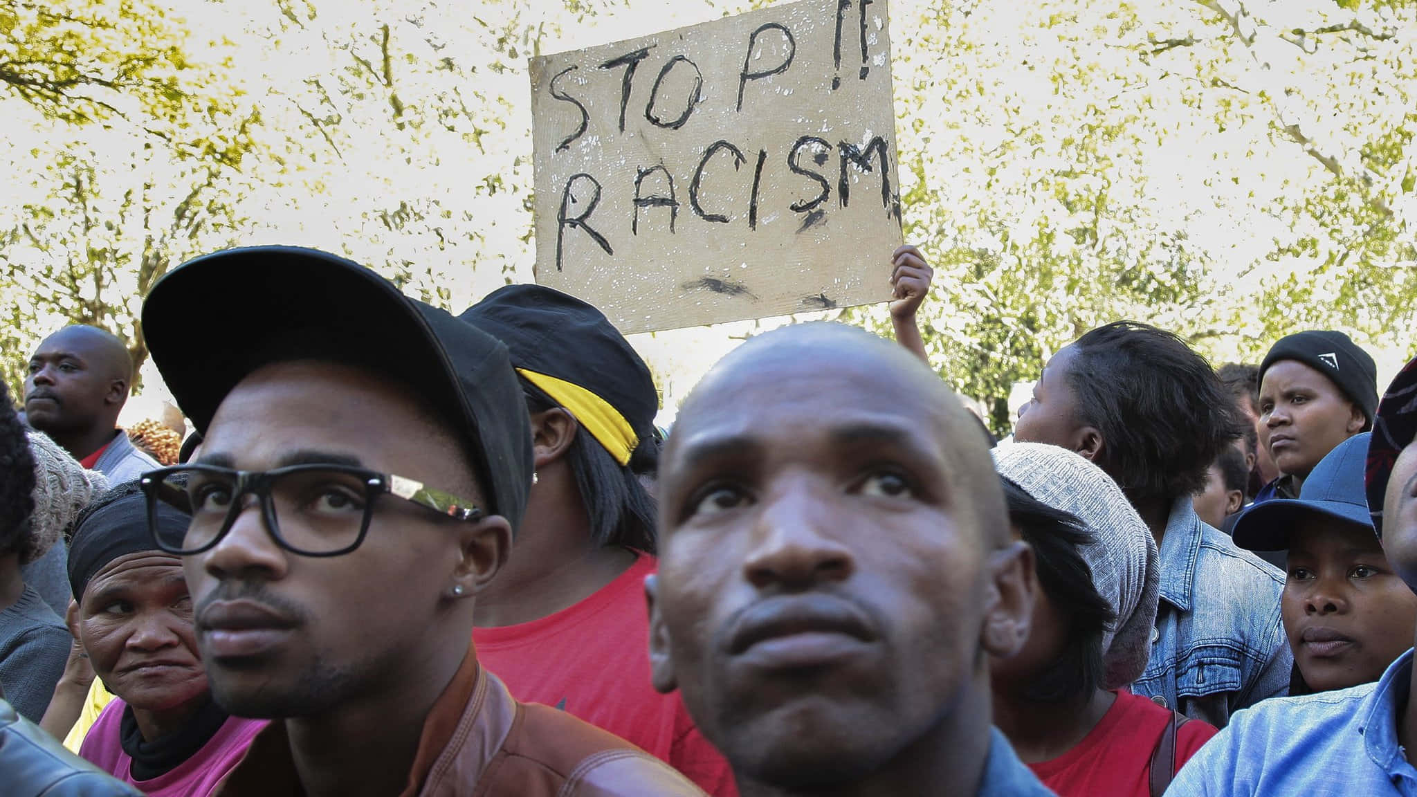 stop it 桌布 壁紙 — 一群多元化的抗議者手持自製標語牌，上面寫著「STOP RACISM」，在明亮的日光下，背景是枝葉茂密的樹木。