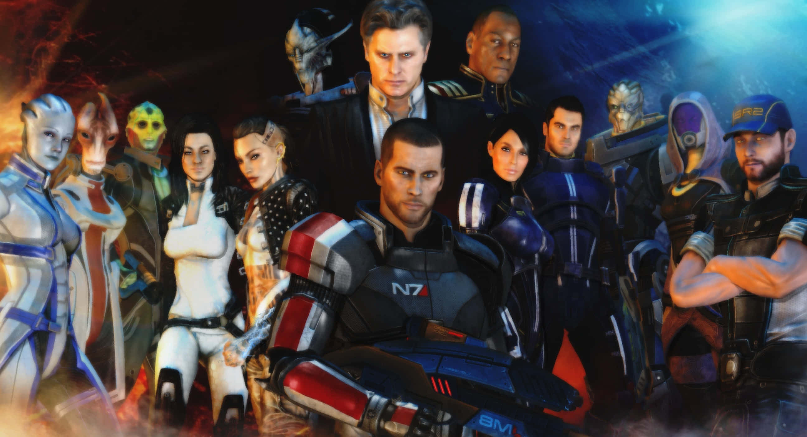 Mass Effect Characters 桌布 壁紙 — 一群多元化的未來科幻角色，身穿精細的盔甲和制服，在熾熱的宇宙背景下自信地擺出姿勢。