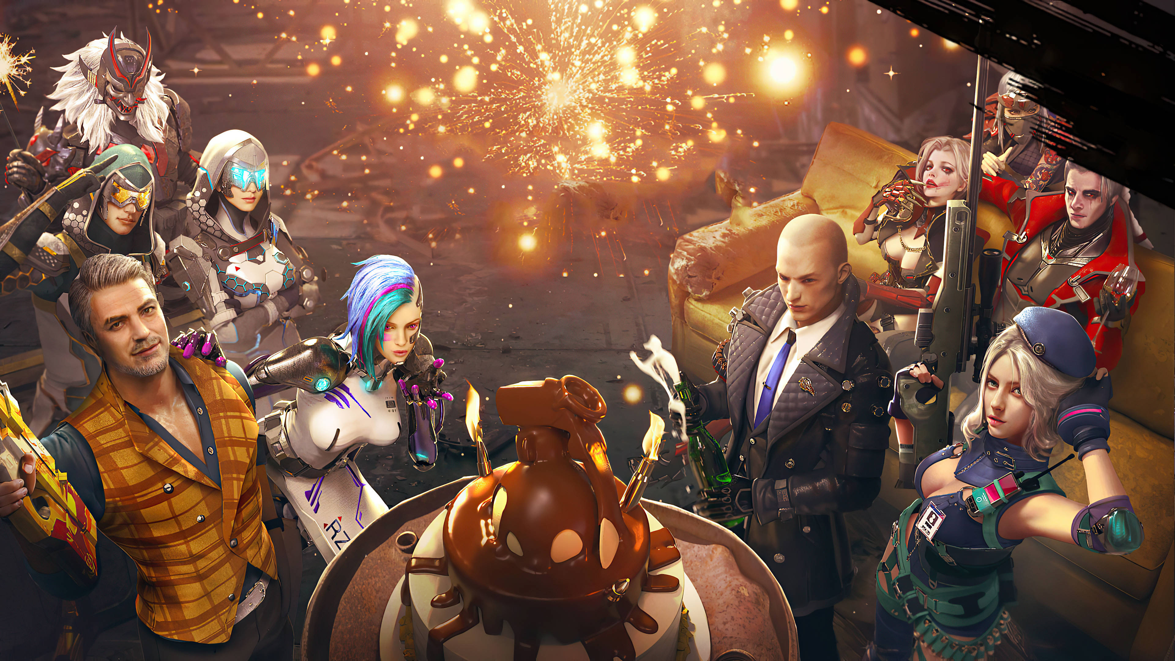 free fire desktop 桌布 壁紙 — 一群多元化的未來角色圍著蛋糕慶祝，煙火在他們上方綻放。