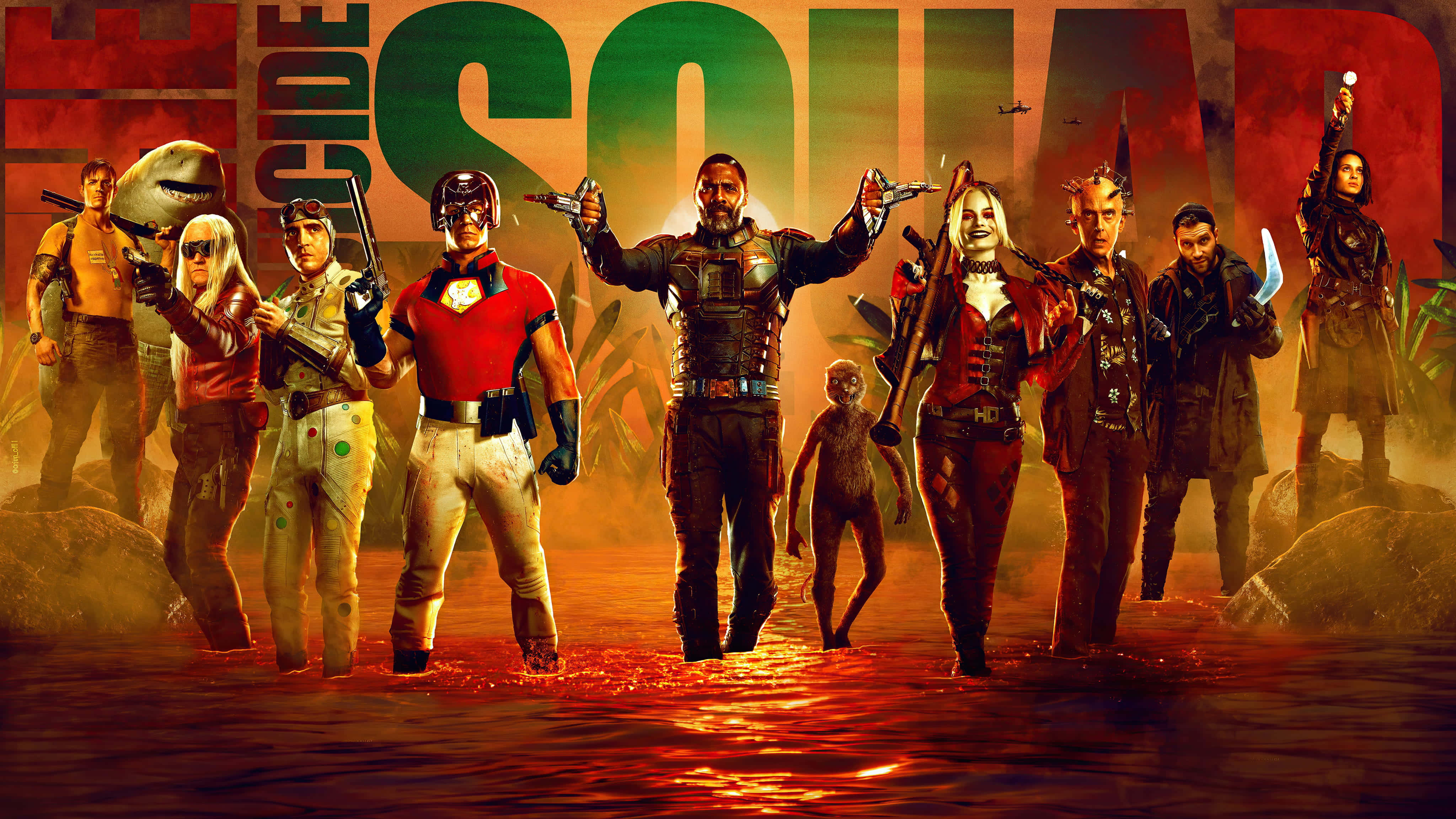 Suicide Squad 桌布 壁紙 — 一群多元化的武裝超級英雄在火紅的天空下，挑釁地站在發光的紅色沼澤中。