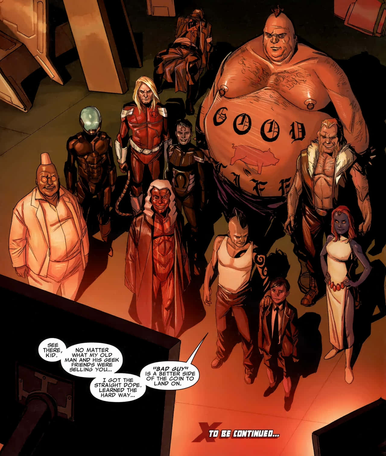 Omega Red 桌布 壁紙 — 一群多元化的漫畫角色，包括一個有刺青的巨人，站在一個光線昏暗、帶有橙色燈光的房間裡。