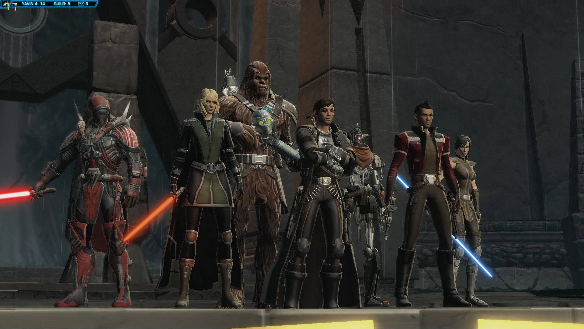 Swtor 桌布 壁紙 — 一群多元化的科幻角色，包括丘巴卡，在黑暗的工業環境中準備好發光的雷射劍。