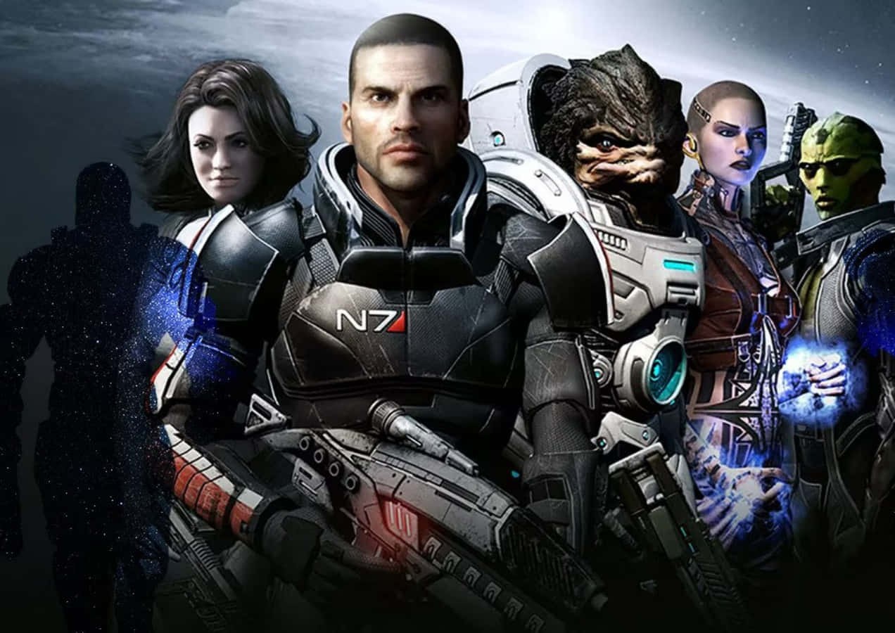 Mass Effect Characters 桌布 壁紙 — 一群多元化的科幻角色穿著未來裝甲，在星光宇宙背景下準備就緒。