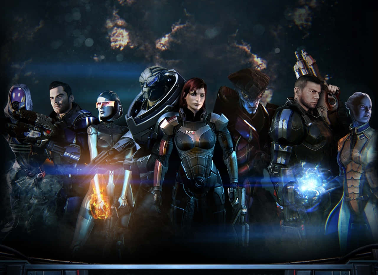 Mass Effect Characters 桌布 壁紙 — 一群多元化的科幻角色穿著未來裝甲，在黑暗的宇宙背景下，伴隨著發光的能量效果，準備就緒。