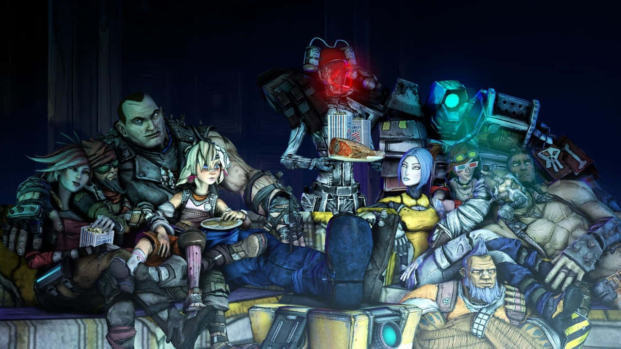 720p Borderlands 3 桌布 壁紙 — 一群多元化的粗獷冒險者和機器人在燈光昏暗、雜亂的房間裡放鬆，房間內有發光的科技點綴。