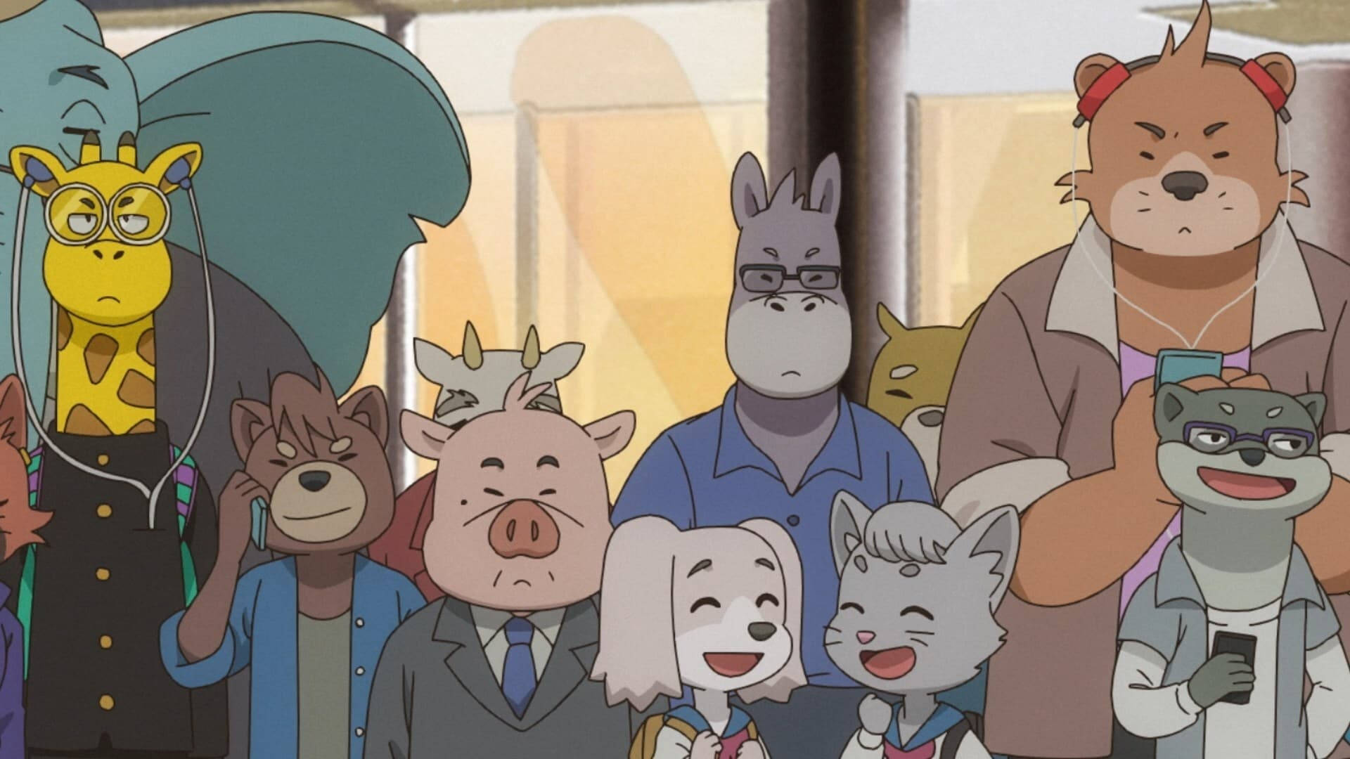 taxi 桌布 壁紙 — 一群多樣化的擬人化動物在擁擠的辦公室環境中，色調柔和，表情豐富。