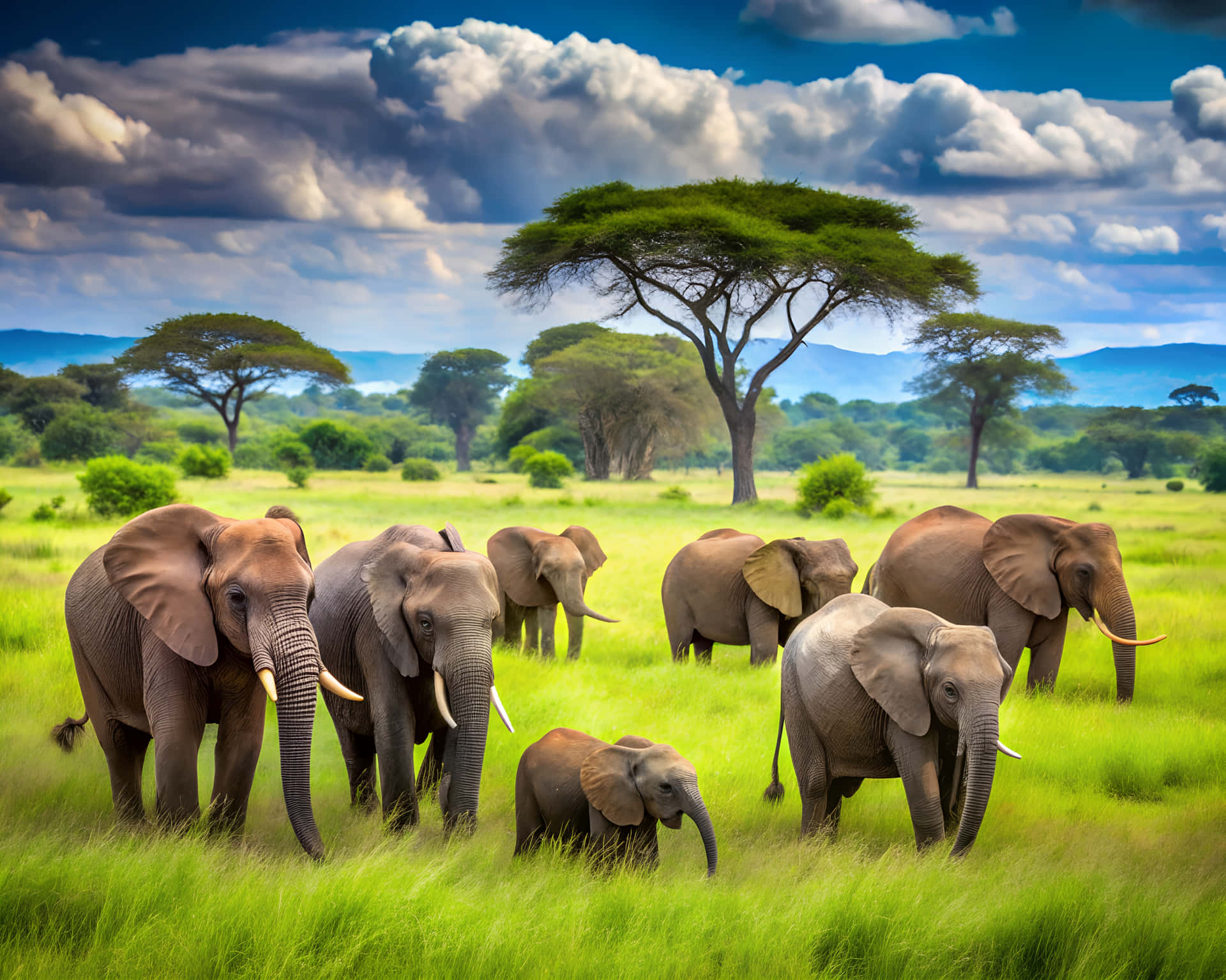 Elephants on the grass 壁紙 — 一群大象在充滿活力的綠色稀樹草原上吃草，背景是戲劇性的多雲天空和合歡樹。