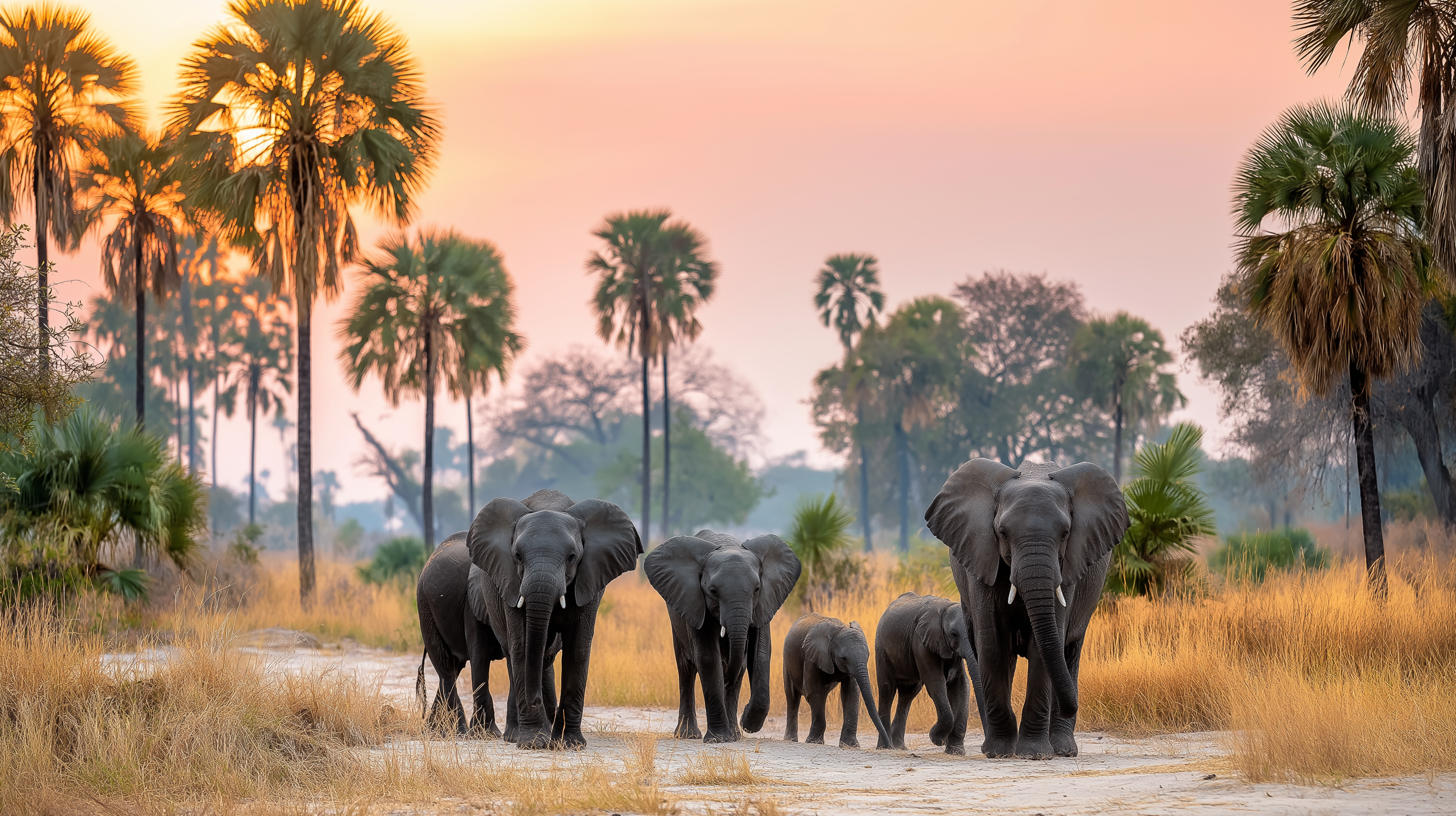 elephants 桌布 壁紙 — 一群大象在日落時分沿著一條泥路穿過金色草原，兩旁是高高的棕櫚樹。