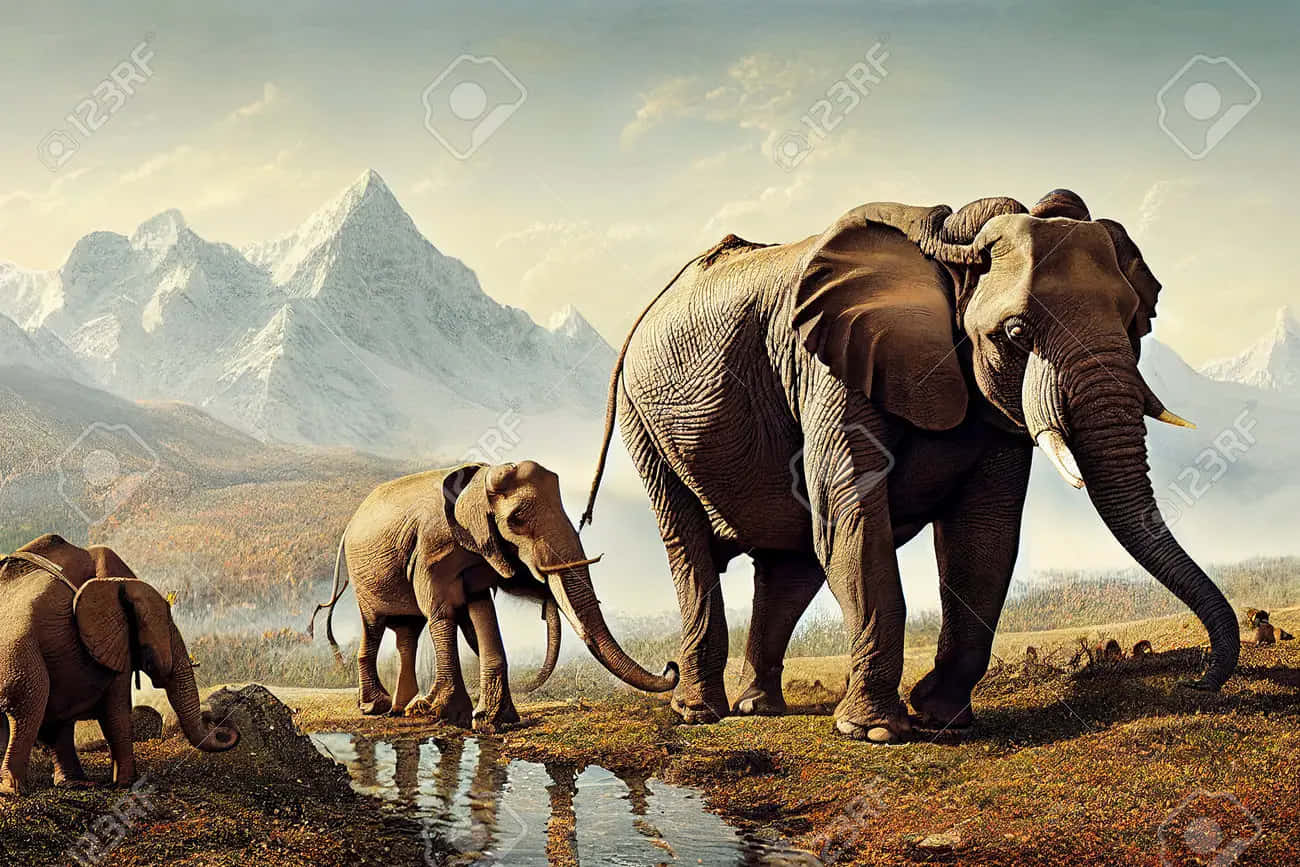 Elephant Laptop 桌布 壁紙 — 一群大象在柔和天空下，於有雪山的山谷中從溪流飲水。