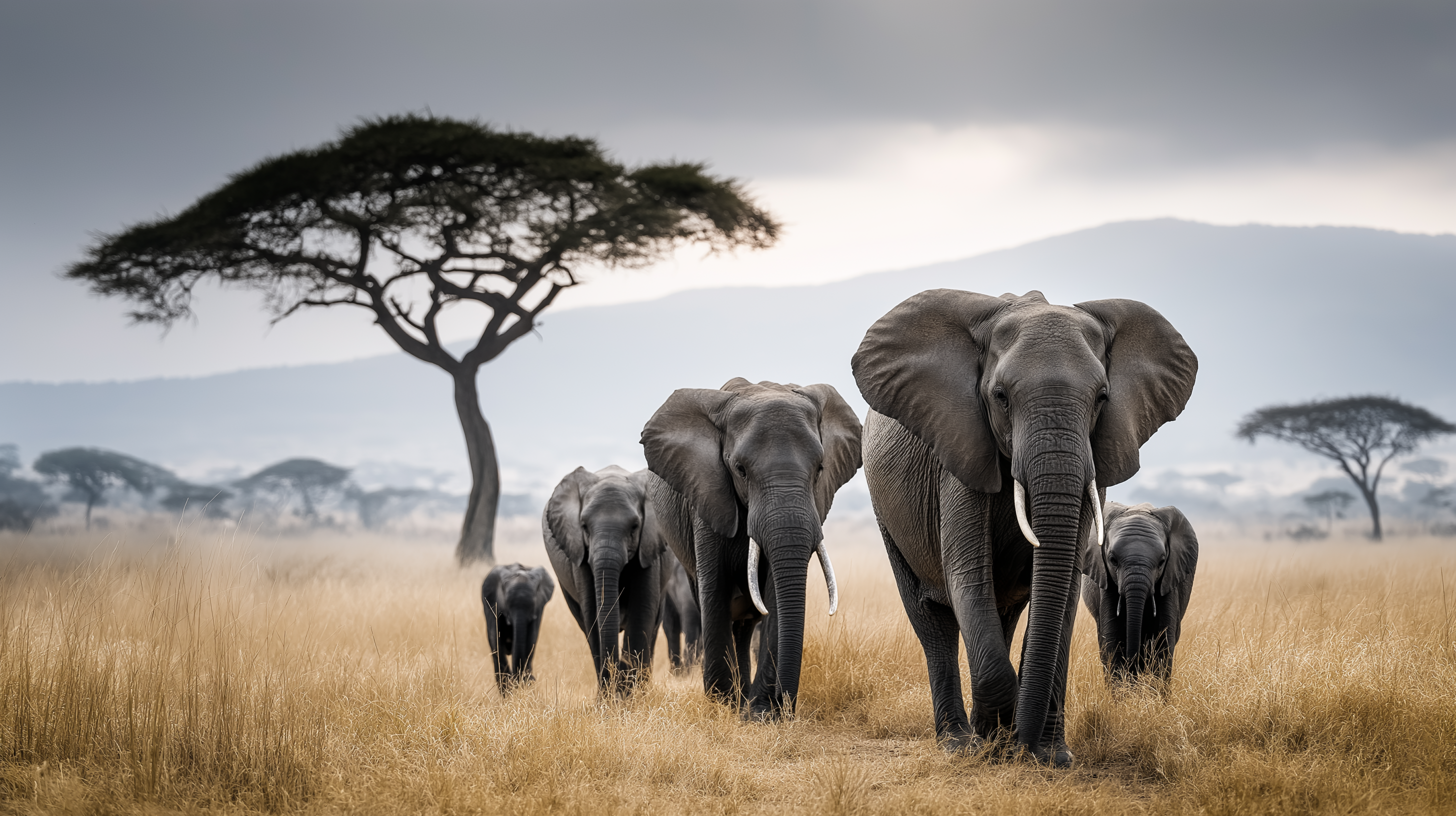 elephants 桌布 壁紙 — 一群大象在陰天天空下穿過金色草地，遠處有金合歡樹。