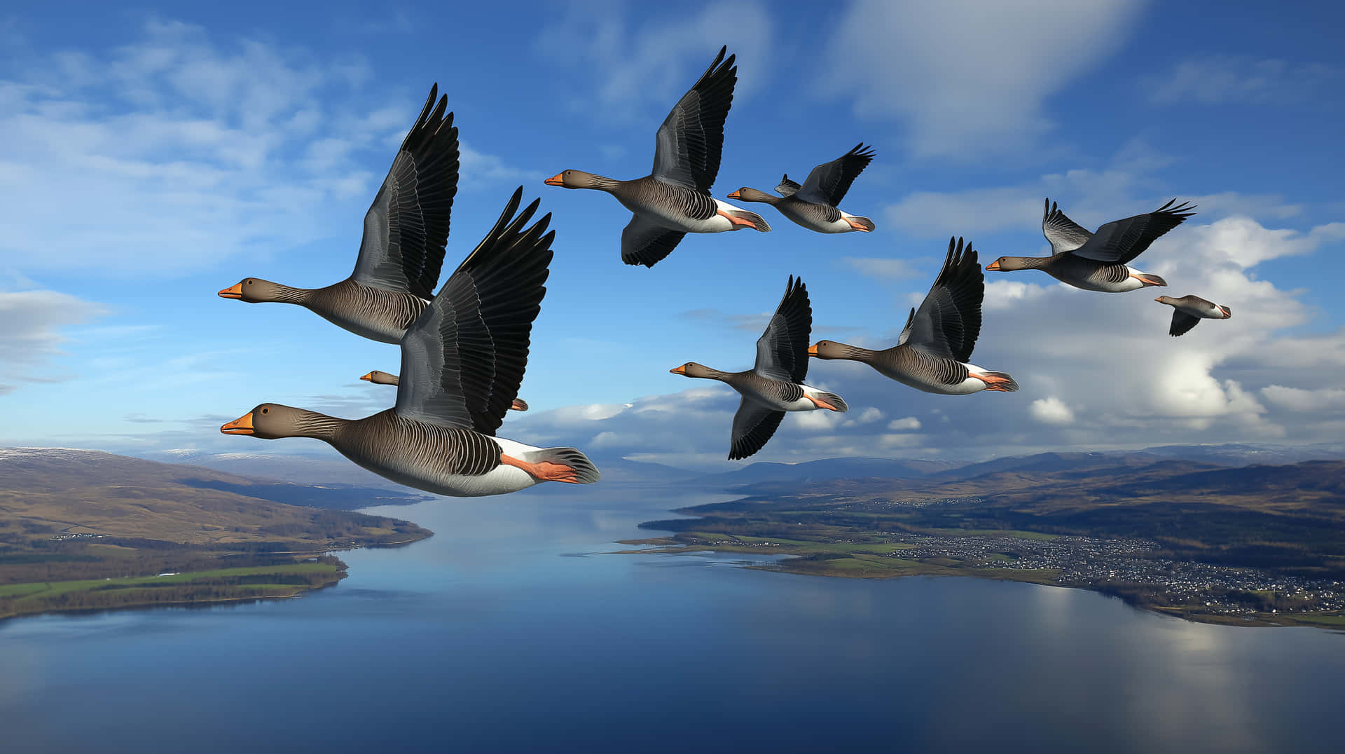 Birds in Formation Soaring Above Waters and Distant Hills 壁紙 — 一群大雁以V字形隊列翱翔於蜿蜒的藍色河流和起伏的綠色山丘之上，天空部分多雲。