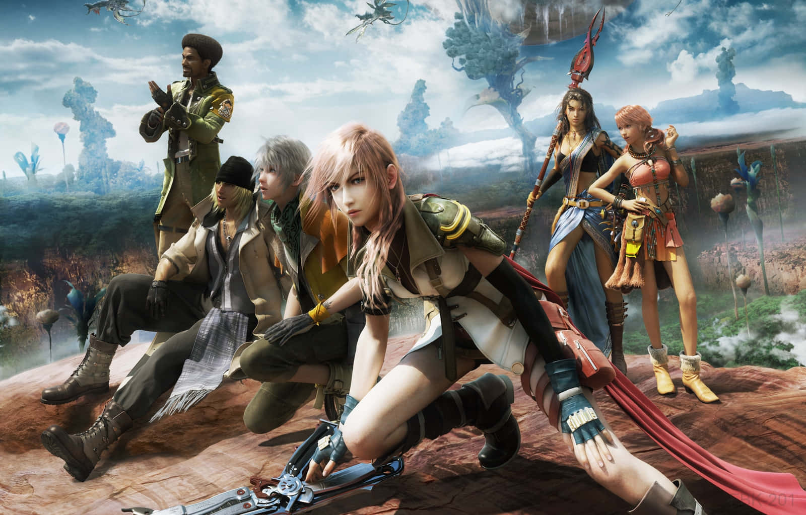 Final Fantasy Characters 桌布 壁紙 — 一群奇幻冒險家在一個超現實的外星景觀中，站在岩石露頭上擺姿勢，周圍有漂浮生物和遠處的廢墟。