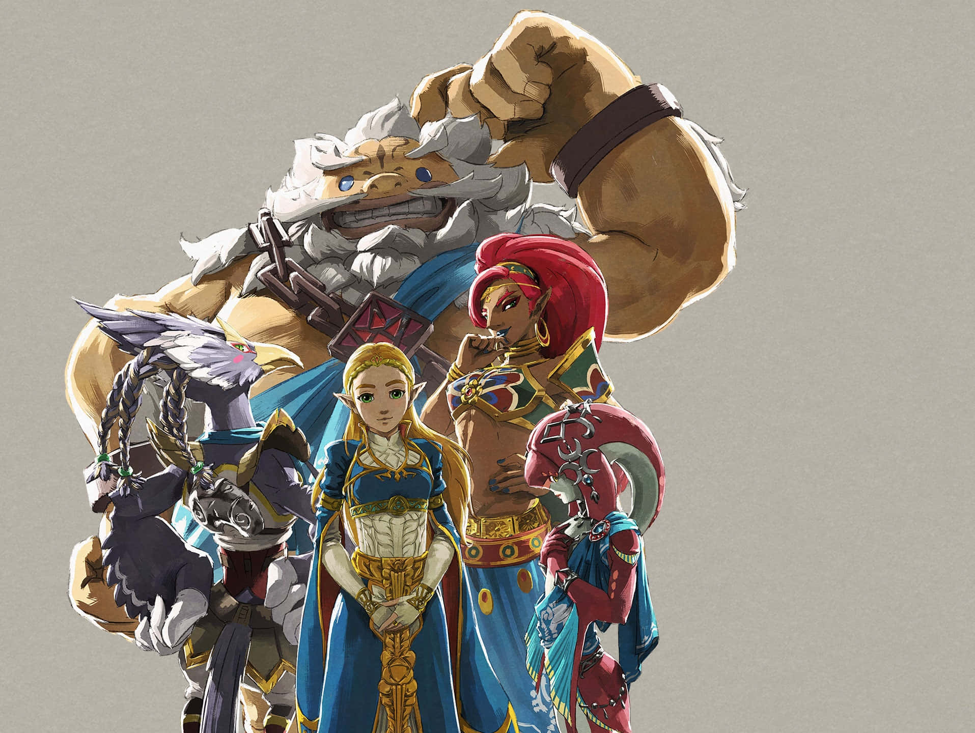 The Legend Of Zelda Characters 桌布 壁紙 — 一群奇幻冒險者，包括巨人、精靈和戰士，以英雄姿態站在樸素的灰色背景前。