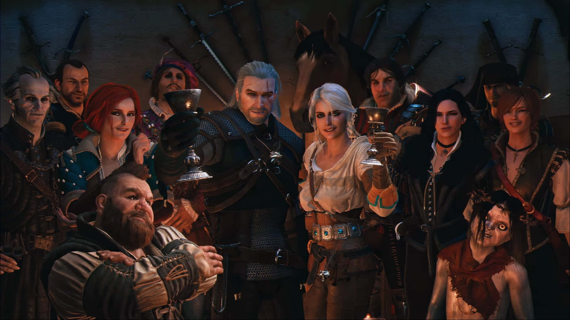 The Witcher 3 Wild Hunt 桌布 壁紙 — 一群奇幻冒險者和盟友聚集在燈光昏暗的酒館中，舉杯慶祝友誼。