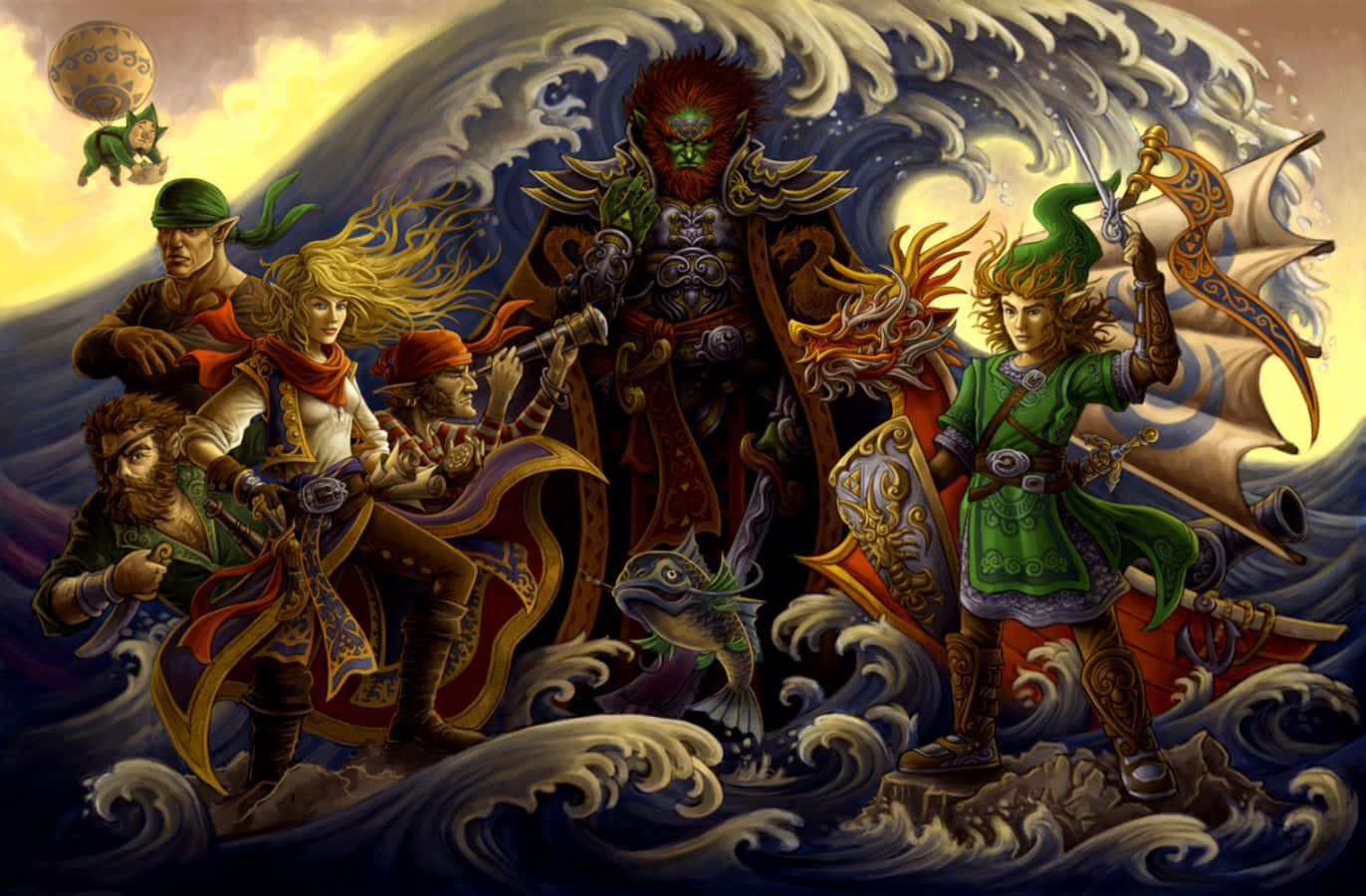 The Legend Of Zelda The Wind Waker 桌布 壁紙 — 一群奇幻冒險者在金色天空下與巨浪中的巨型海怪戰鬥。