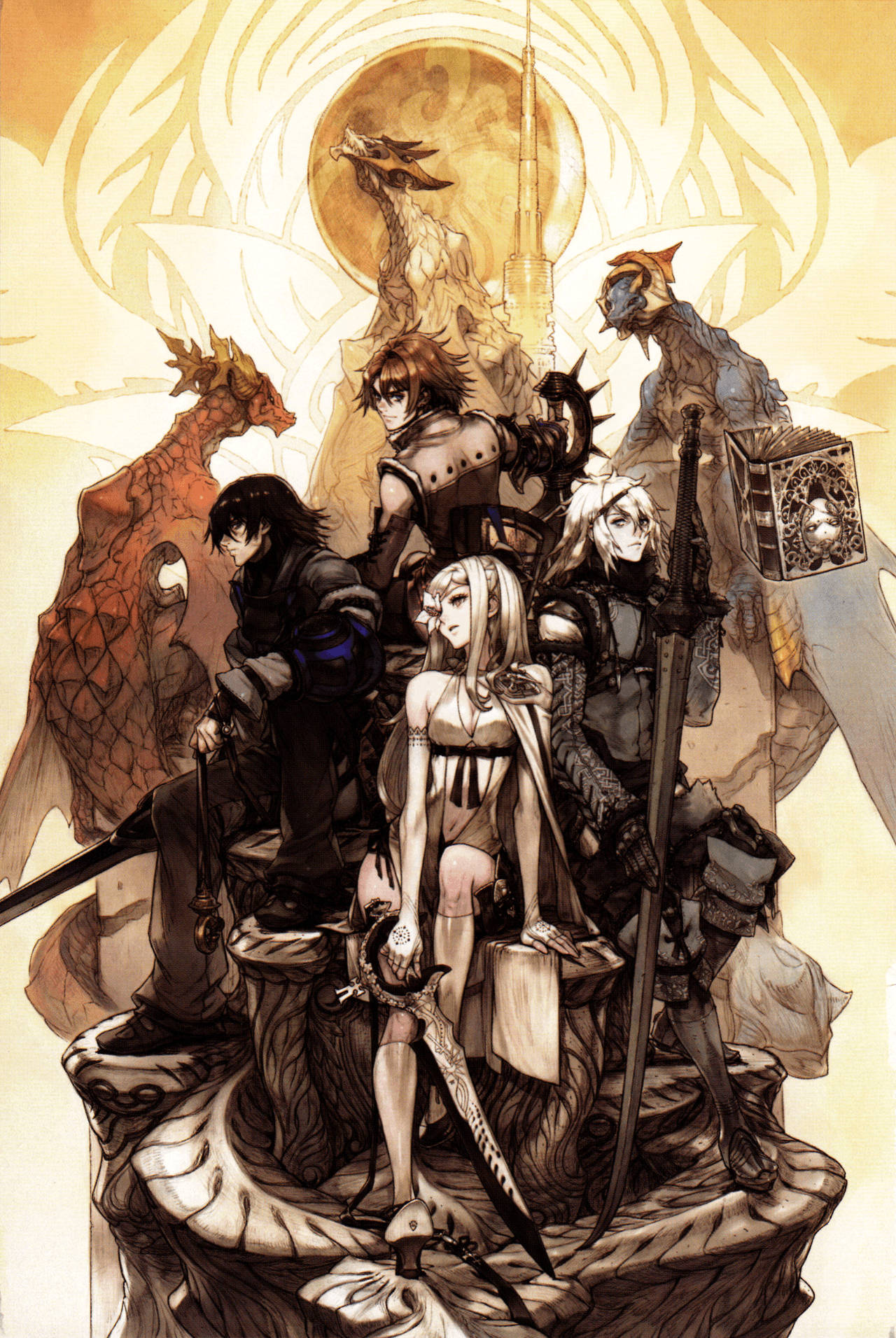 Nier 桌布 壁紙 — 一群奇幻冒險者帶著龍和武器站在岩石平台上，下方是發光的太陽。