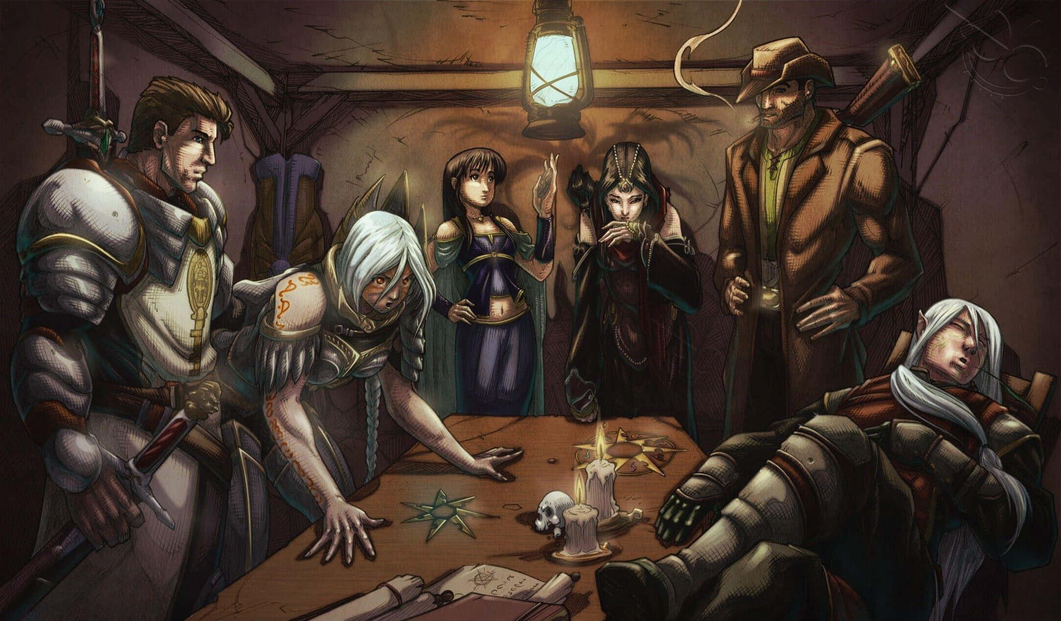Rpg Games 桌布 壁紙 — 一群奇幻冒險者聚集在一間昏暗的木製酒館中，圍繞著一張燭光照亮的桌子，在懸掛的燈籠下施展法術並制定策略。