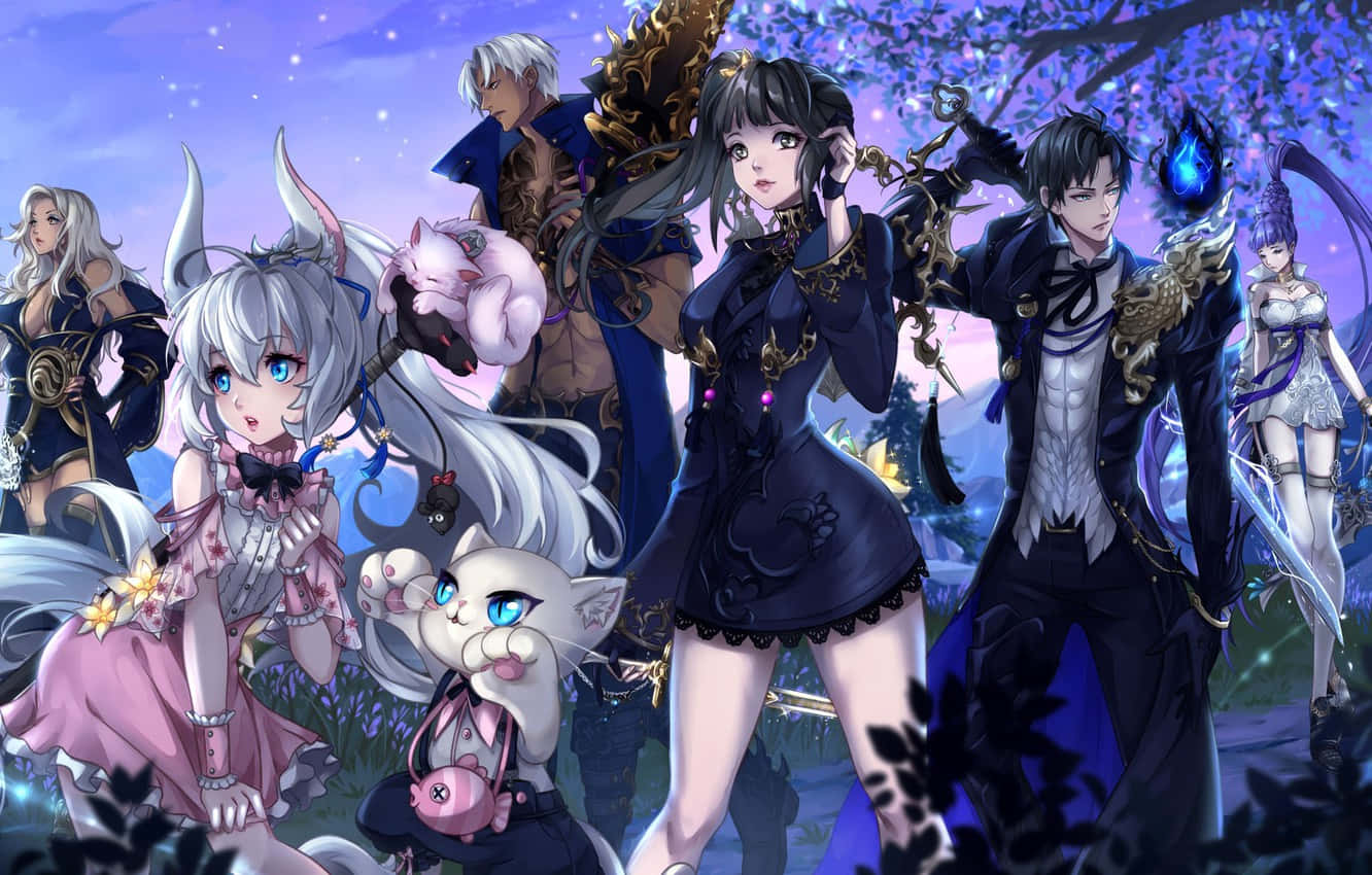 電玩遊戲 桌布 壁紙 — 一群奇幻動漫角色，擁有發光的眼睛和魔法武器，在繁星點點的紫色天空下。