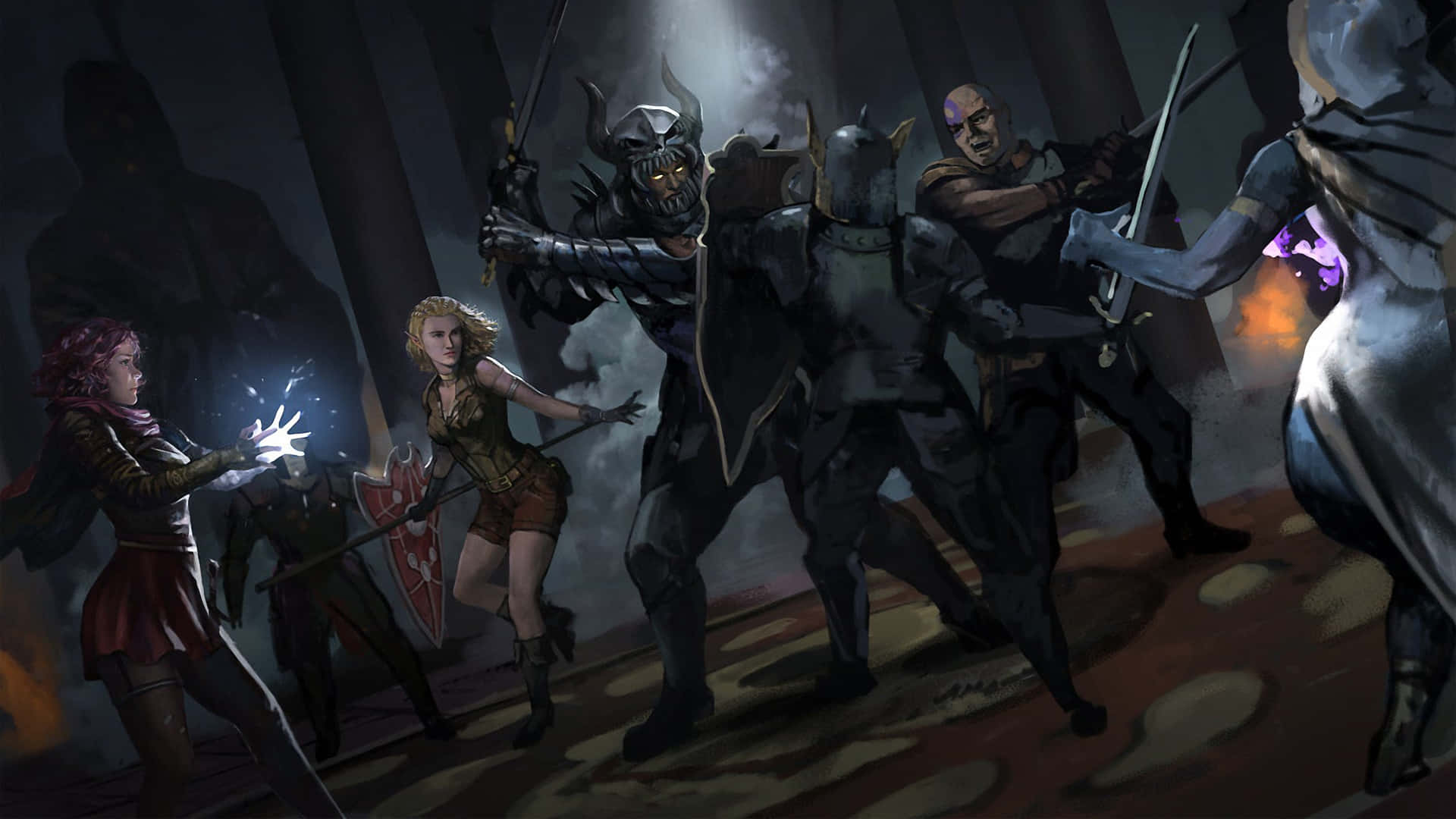 Dark Alliance 桌布 壁紙 — 一群奇幻戰士在光線昏暗的地牢中，手持發光魔法與出鞘的劍交鋒。