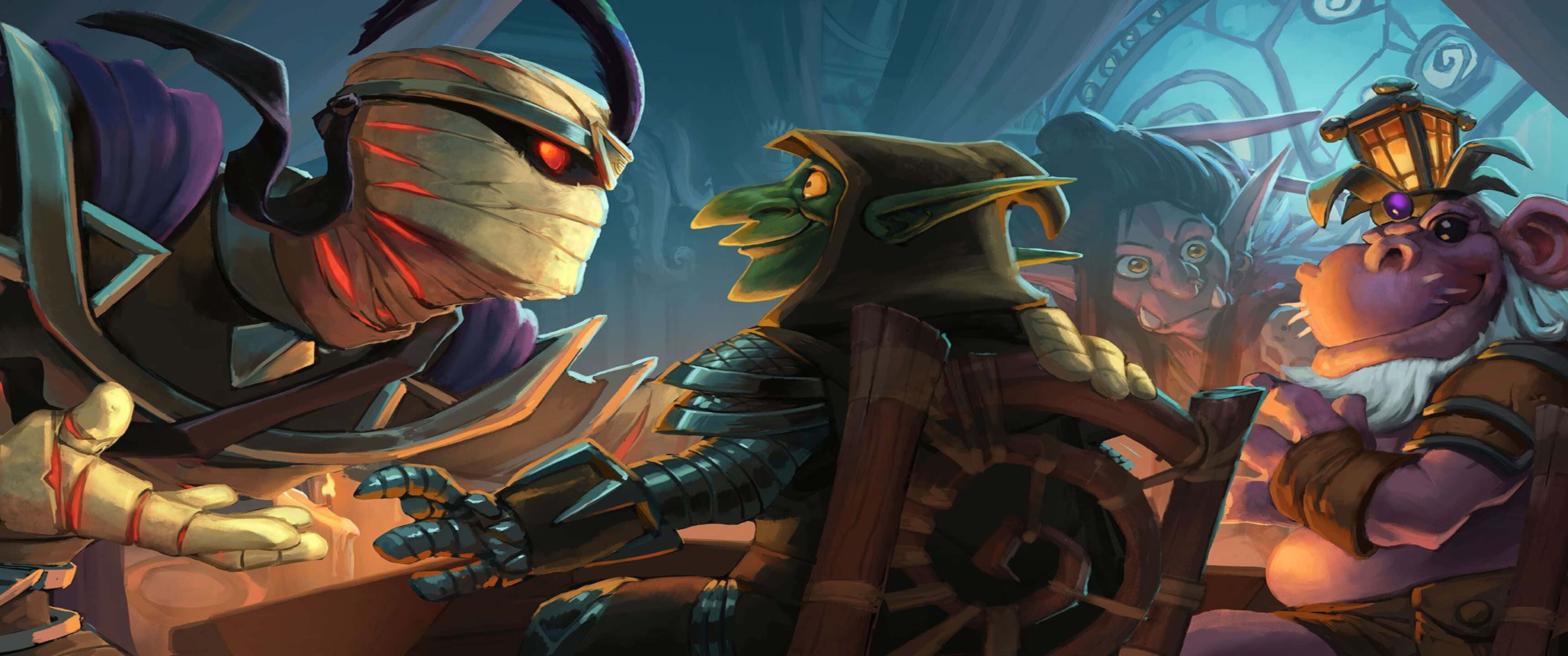 3440x1440p Hearthstone 桌布 壁紙 — 一群奇幻生物（包括木乃伊戰士和哥布林）在燈光昏暗的酒館中緊張聚集。