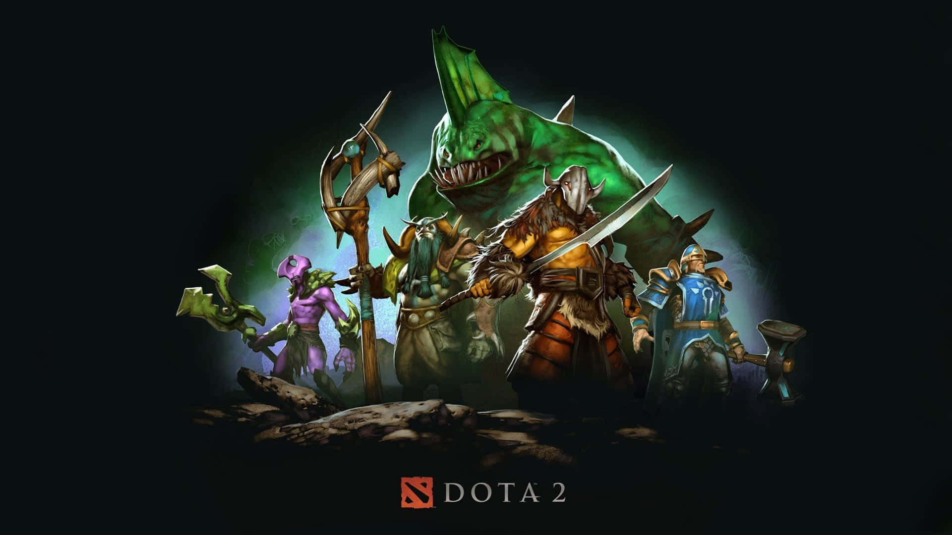 1920x1080 Dota 2 桌布 壁紙 — 一群奇幻英雄和一個巨大的綠色怪物一起站在Dota 2黑暗發光的場景中。